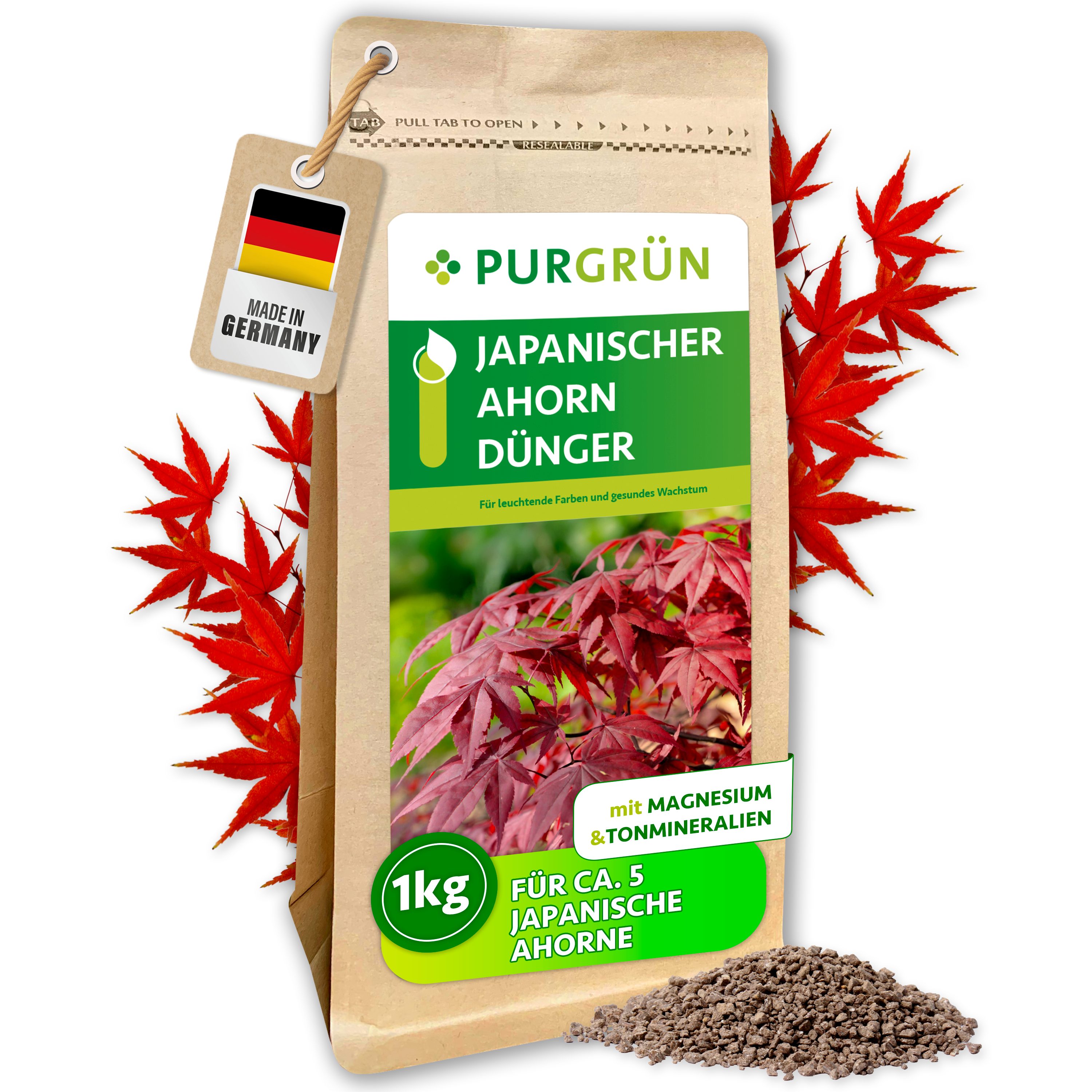 Purgrün Gartendünger Purgrün Japanischer Ahorn Удобрение, NPK 5+4+6, Magnesium, 1 kg, Granulat, 1-St., Extra Kalium für kräftiges, gesundes Wachstum