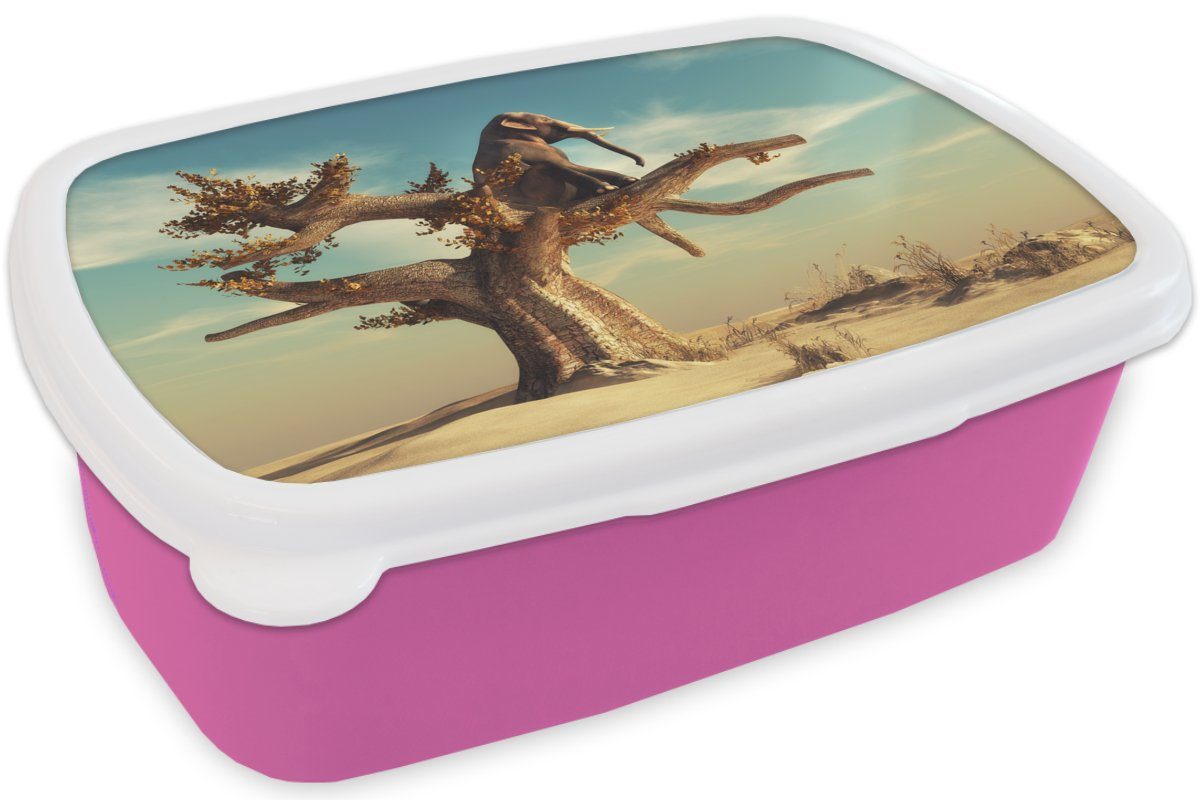 für Lunchbox Kunststoff Elefant Snackbox, Baum Kinder, (2-tlg), Mädchen, - Brotbox Natur Brotdose Kunststoff, Wüste, - MuchoWow Erwachsene, - rosa