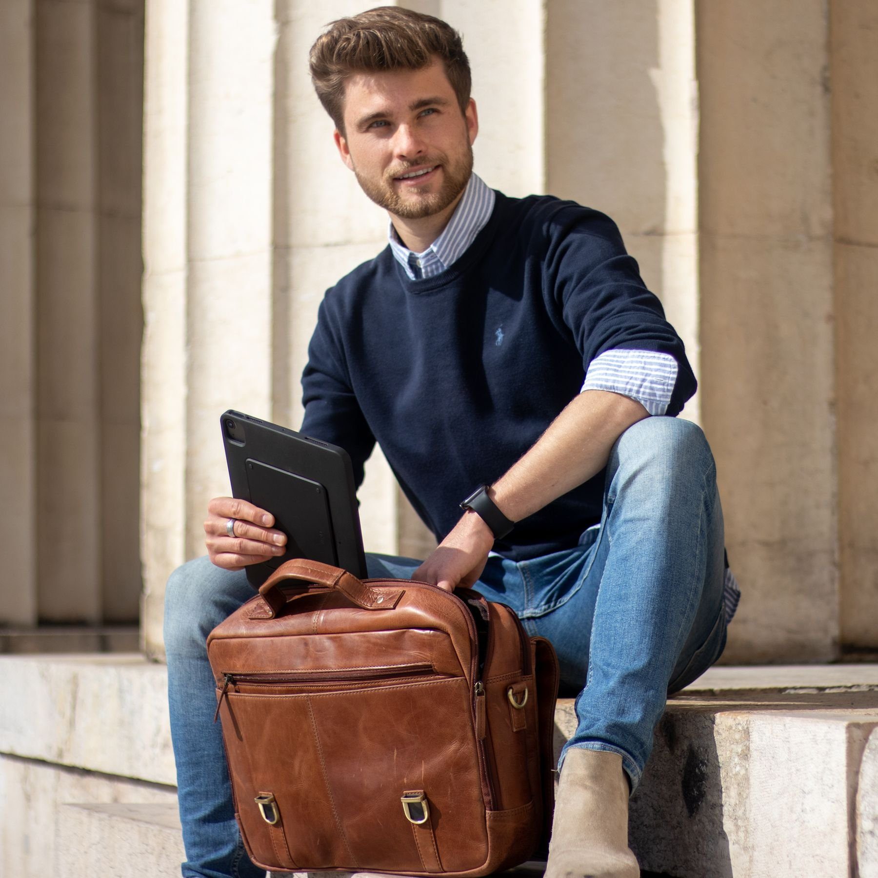 SID & VAIN Messenger Bag echt Leder Aktentasche 15 Zoll Laptop Fach braun, Laptoptasche 15,4 Zoll Echtleder, Businesstasche Herren braun