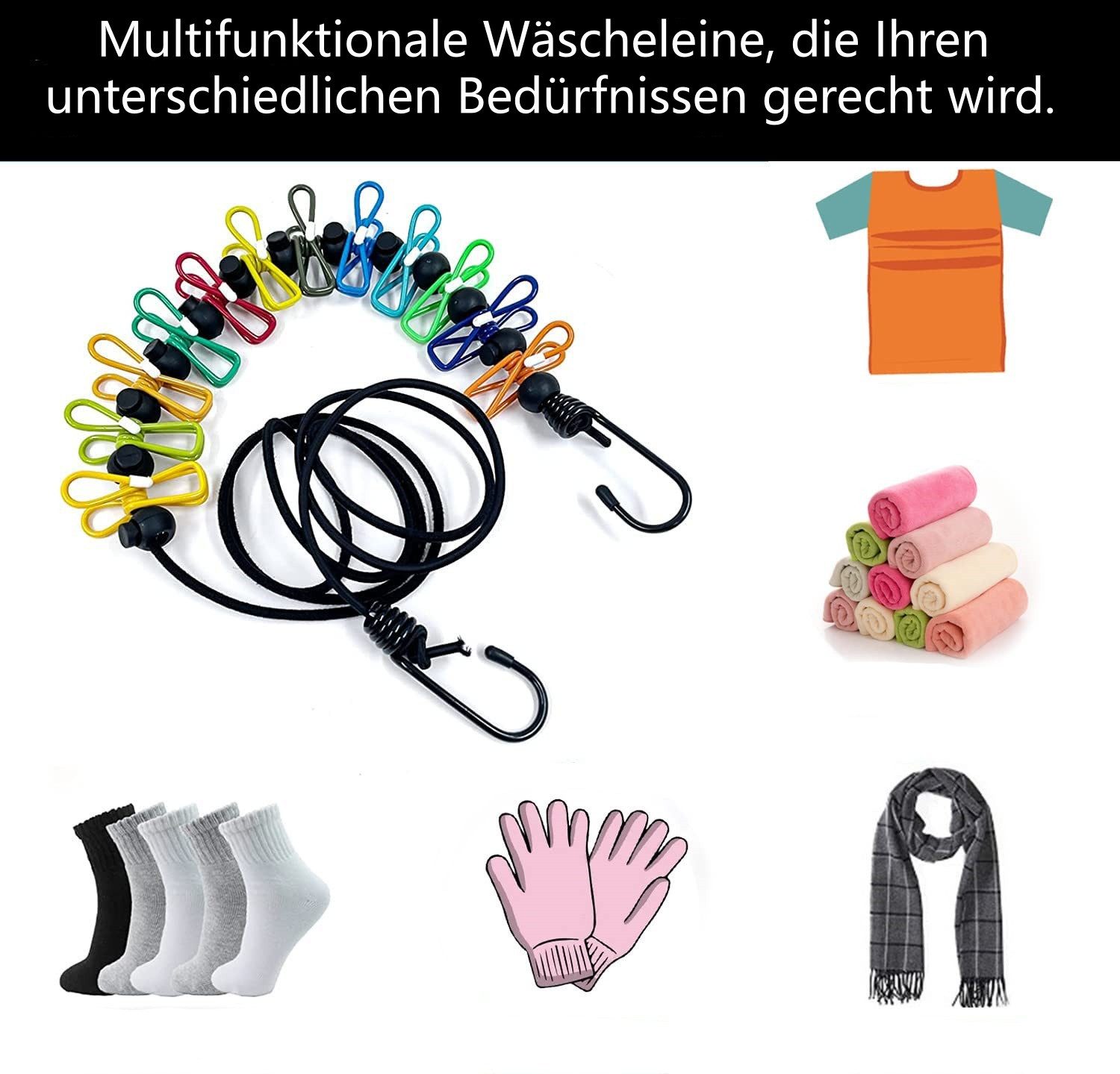 FOUORTUNATE-BEE Wandwäschetrockner Camping Wäscheleine mit Klammern, Reisewäscheleine Outdoor, Portable Wäscheleine für Camping, Balkon, Wohnmobil Reise – Bild 3 von 5
