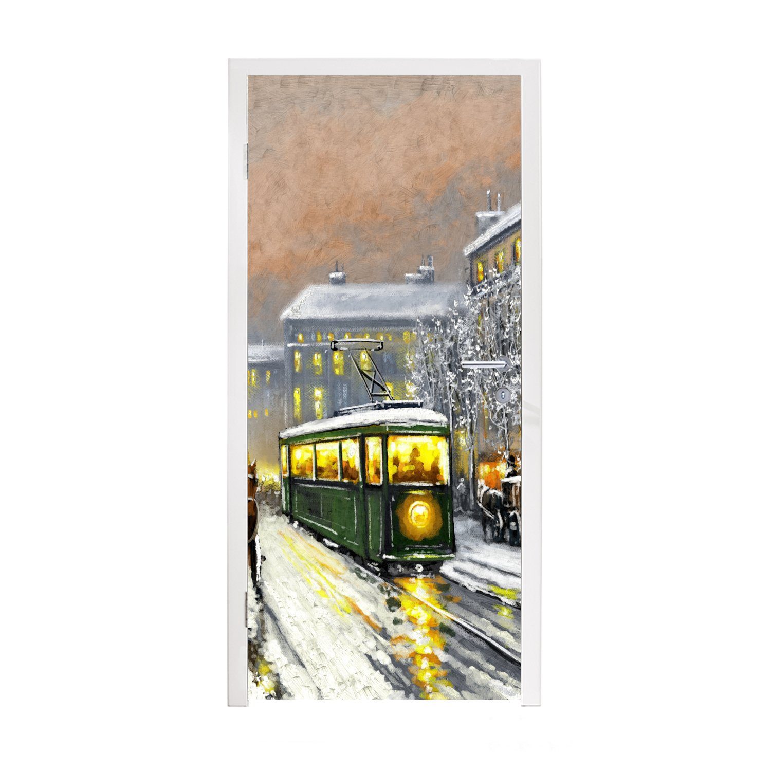 MuchoWow Türtapete Matt, Ölgemälde - St), (1 Winter - - bedruckt, Straßenbahn 75x205 Tür, für Gemälde Türaufkleber, - Fototapete cm Pferd