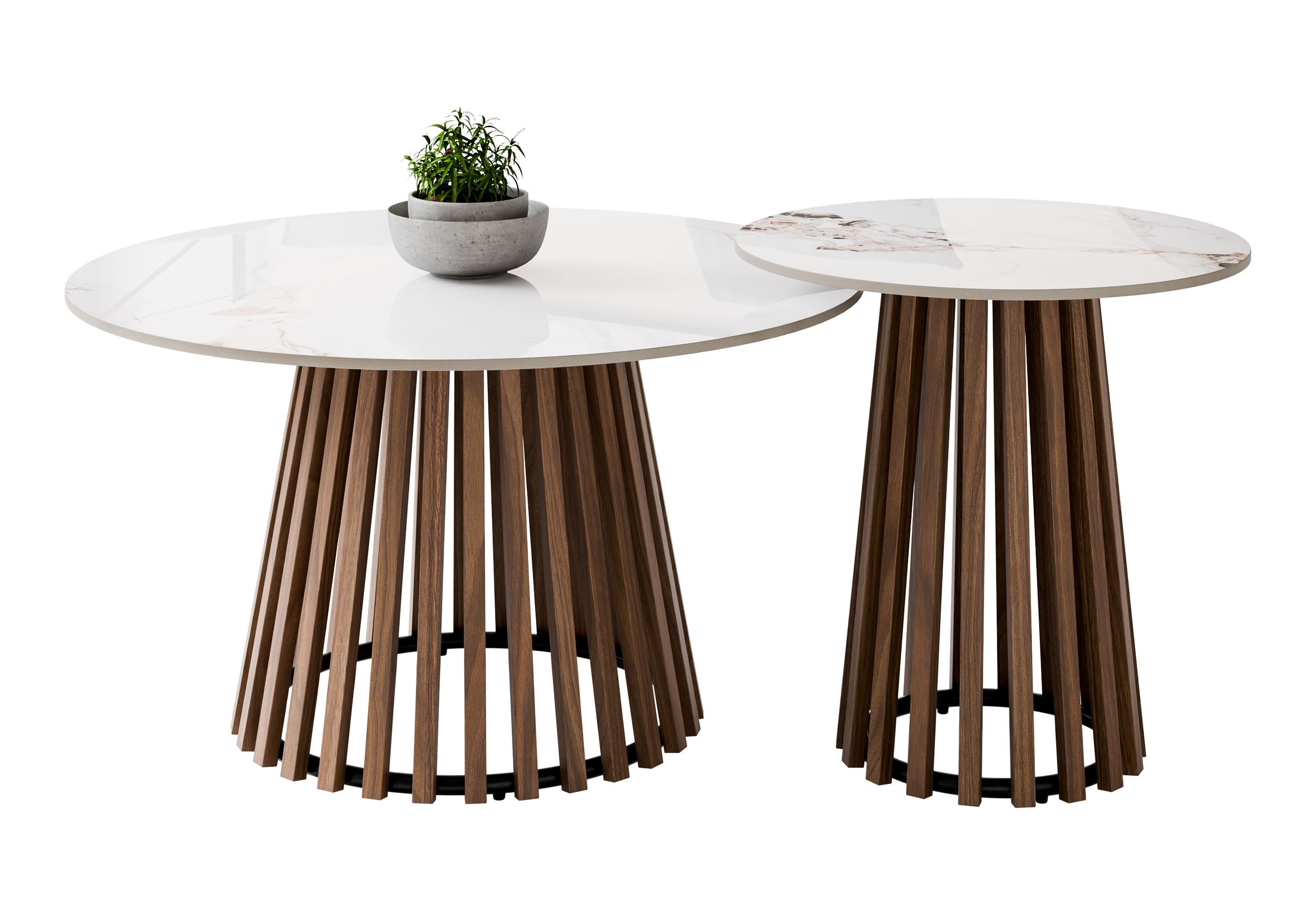 Lookway Couchtisch MARISE 2er Couchtisch-Set – Hochglanz Sinterkeramik & Lamellen (2er Set), Durchmesser: ⌀80 cm und ⌀50 cm