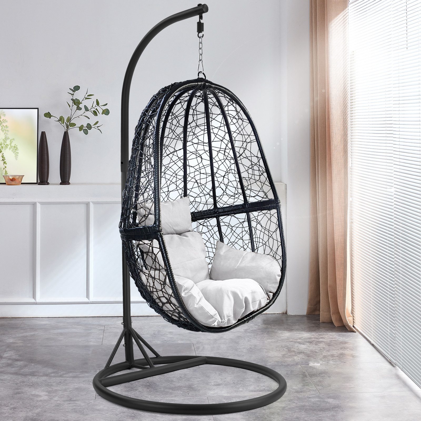 RAMROXX Hängesessel Luxus FUN XL Gestell Schwarz mit Korb Schwarz und Kisse günstig online kaufen