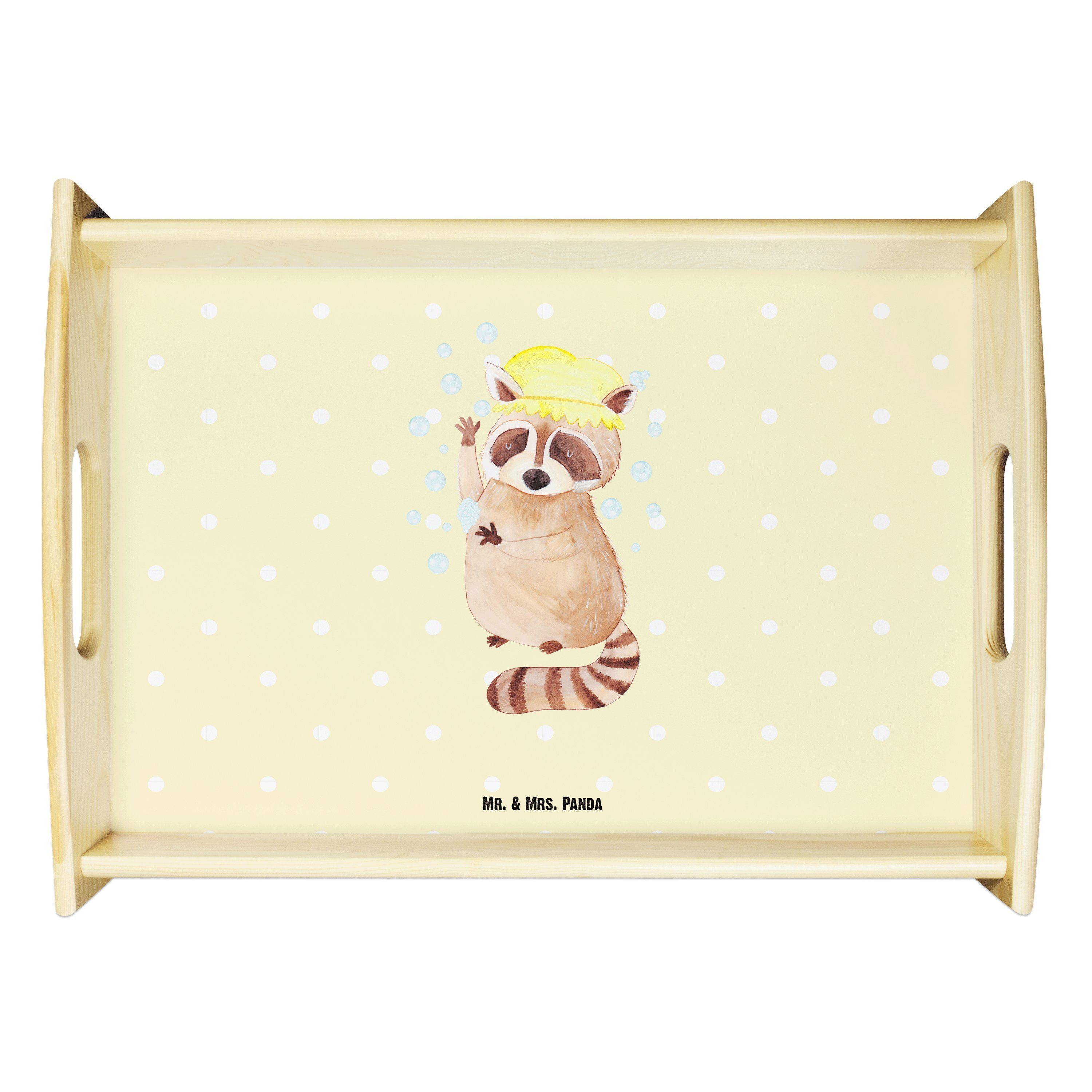 Mr. & Mrs. Panda Tablett Waschbär - Gelb Pastell - Geschenk, Fröhlich, Tablett, Küchentablett, Echtholz lasiert, (1-tlg)