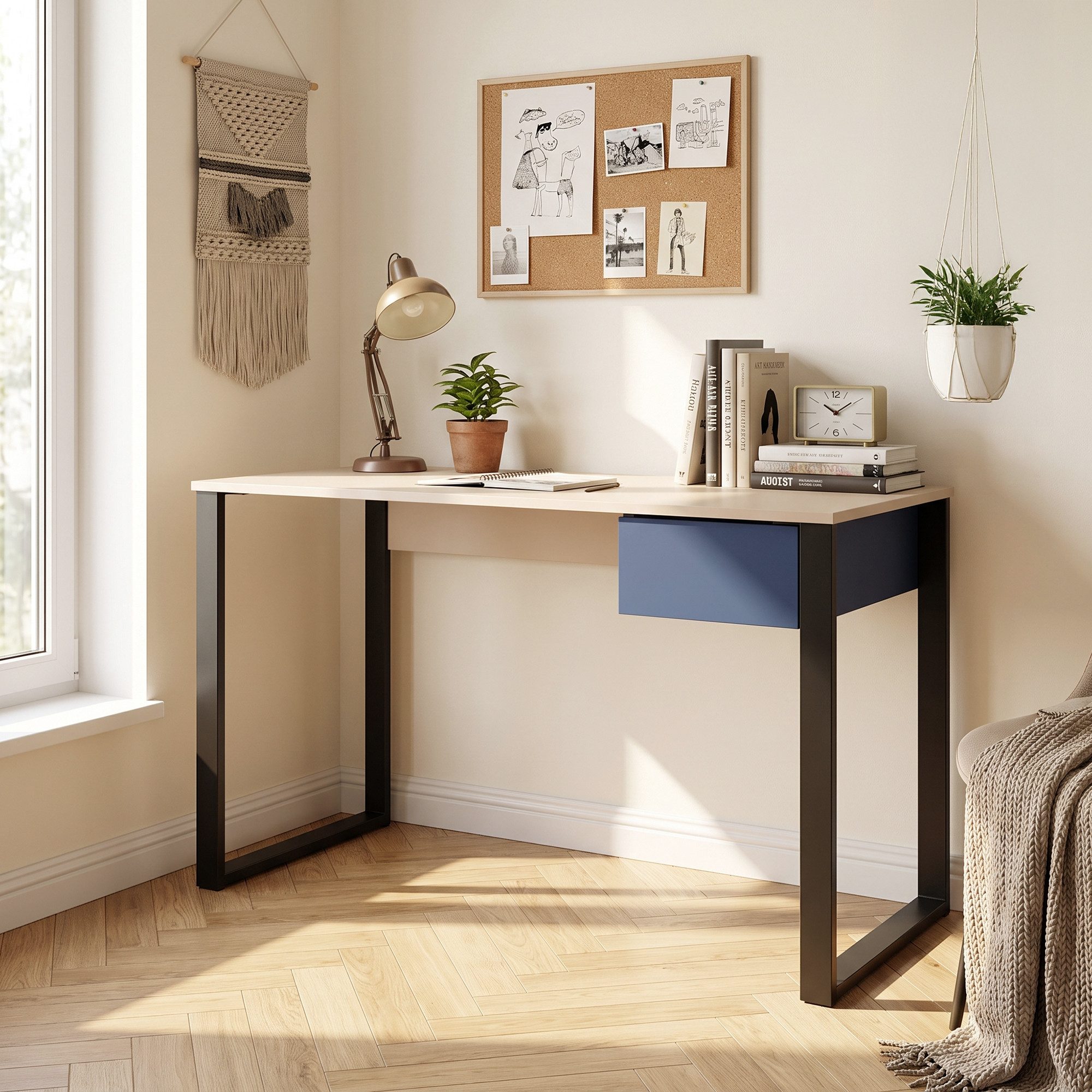 Lomadox Kommode SCHAKI-133, in Beige/Blau/Schwarz, 1 Schublade, 125 cm breit