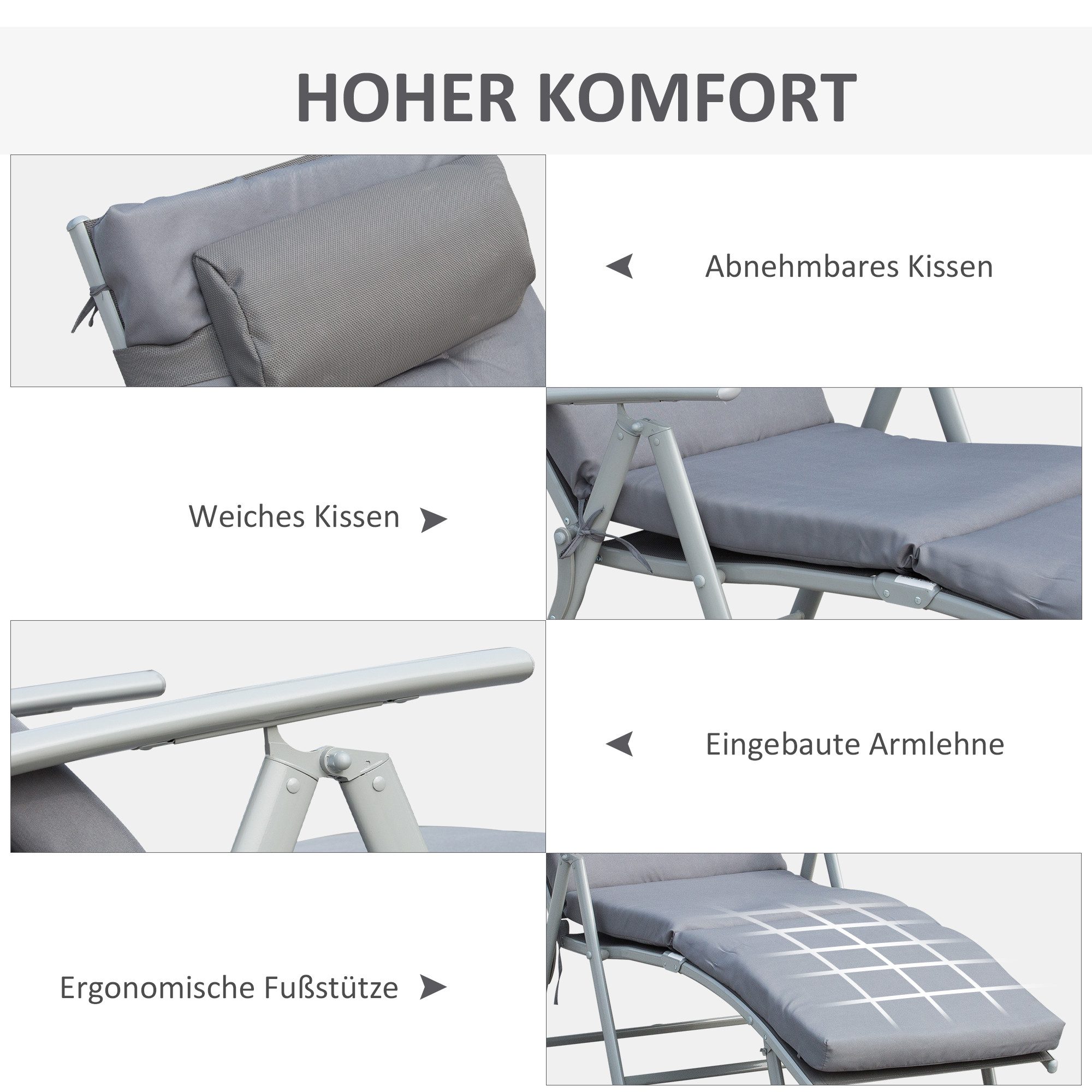 CHICFURN Gartenliege Klappbare Sonnenliege in Grau aus Metall & Stoff, 137x63,5x100,5 cm, Packung, 1 St., Verstellbare Gartenliege mit Kissen für Strand & Terrasse, Leichte Relaxliege für Garten, Pool & Balkon