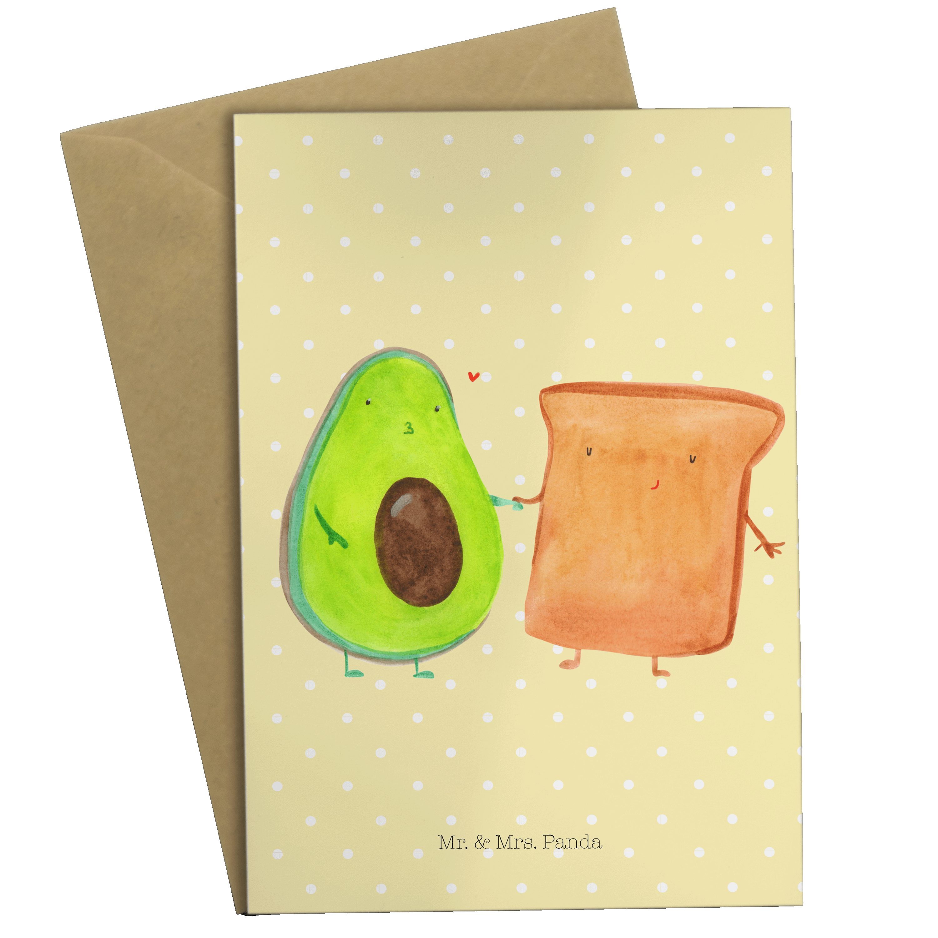 Mr. & Mrs. Panda Grußkarte Avocado + Toast - Gelb Pastell - Geschenk, Toastbrot, Glückwunschkart