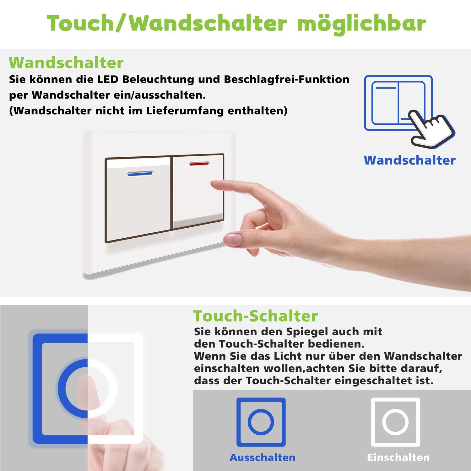 duschspa Spiegelschrank LED Memory-Funktion Kalt/Neutral/Warmweiß dimmbar Touch/Wandschalter, Beschlagfrei Beleuchtung