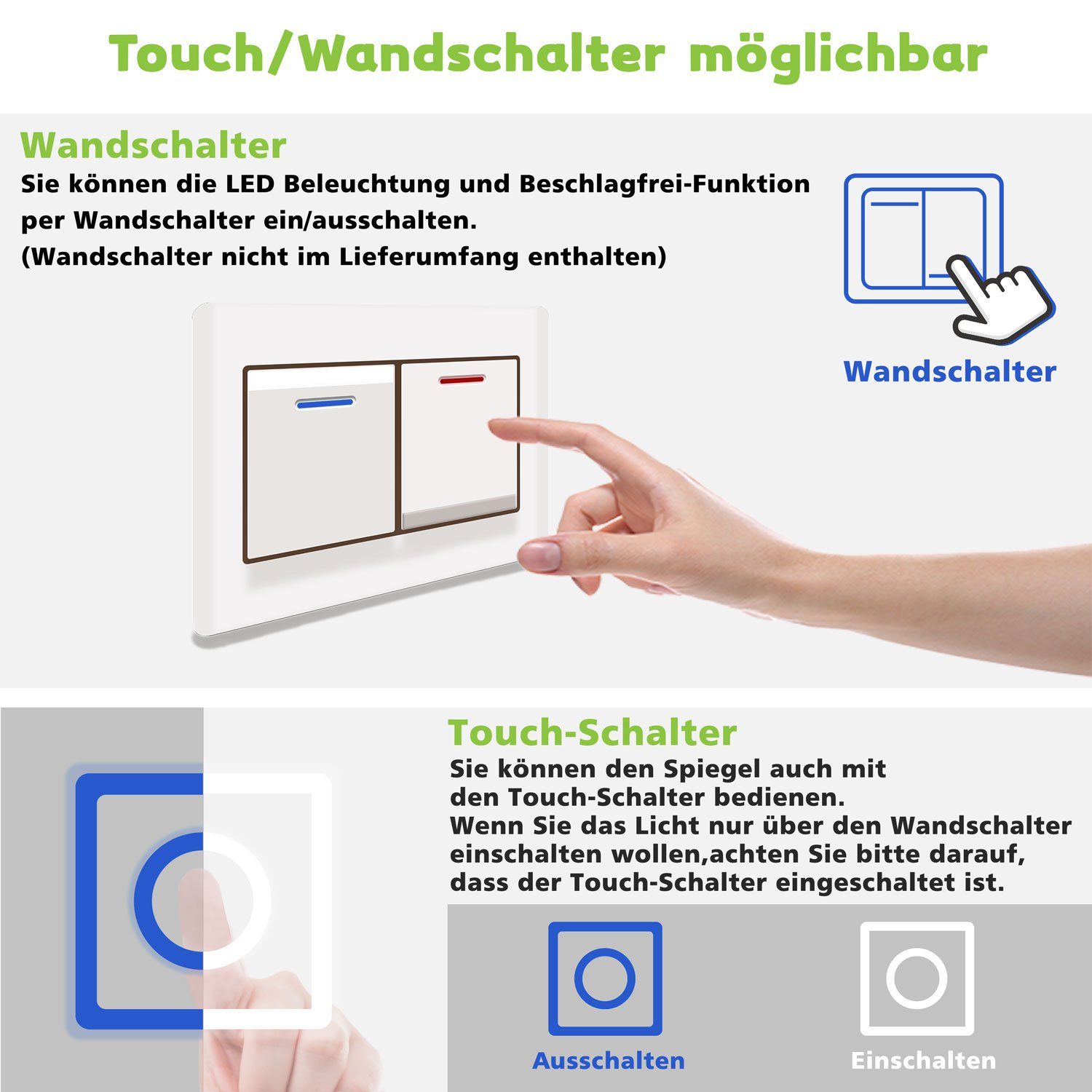 duschspa Badspiegel LED Badspiegel Rund Spiegel Touch/Wandschalter 50-100cm, Warm/Neutral/Kaltweiß+dimmbar+Memory+auto Abschaltung – Bild 4 von 5