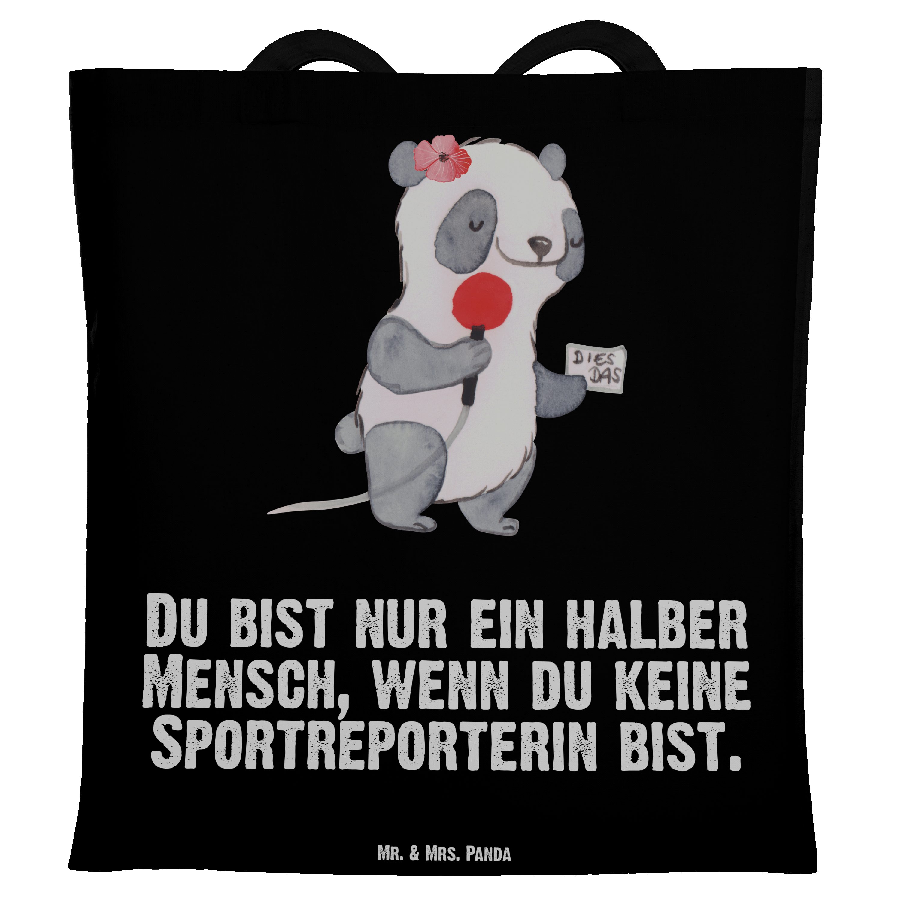 Mr. & Mrs. Panda Tragetasche Sportreporterin mit Herz - Schwarz - Geschenk, Einkaufstasche, Firma, (1-tlg)