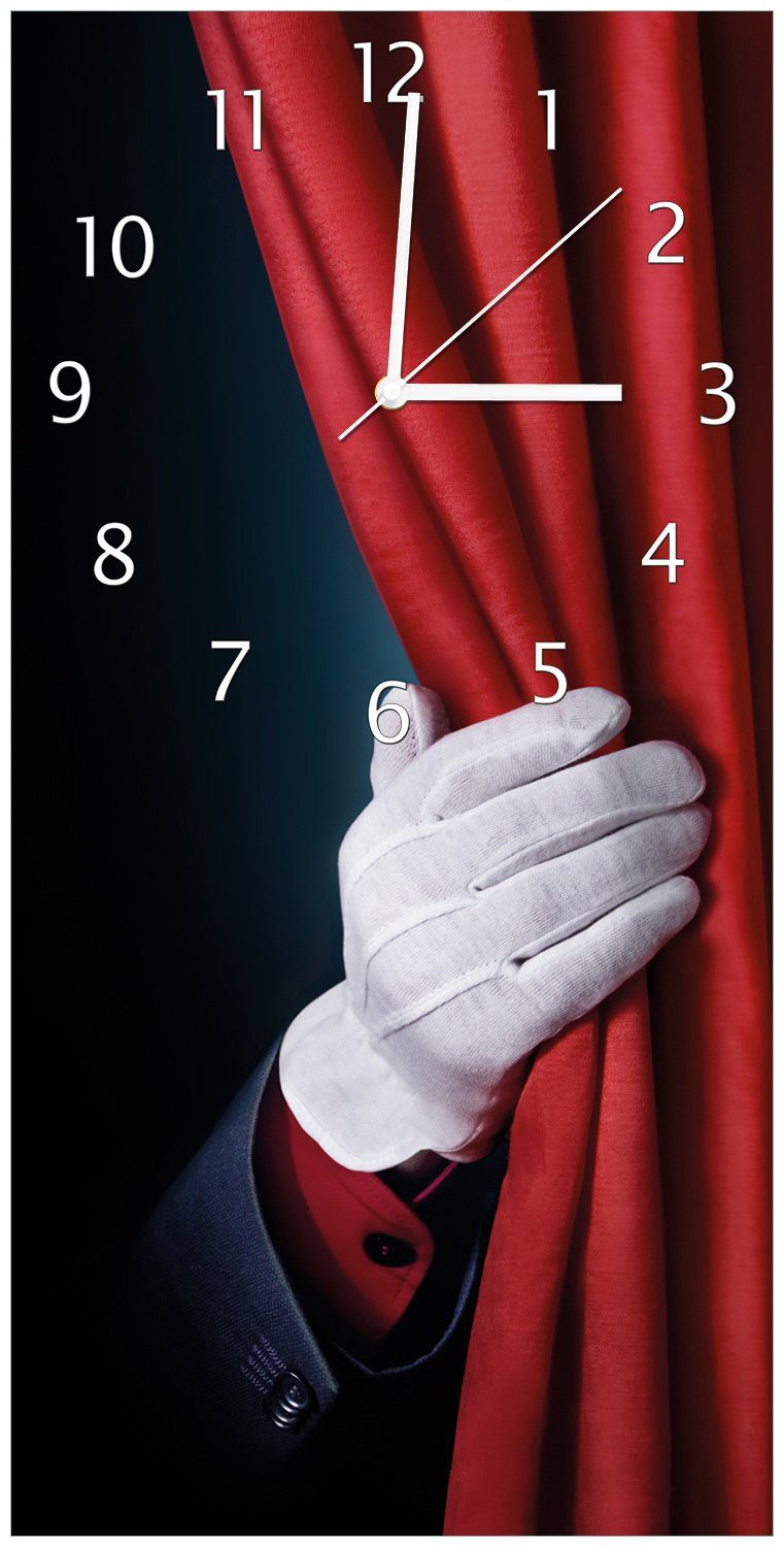 auf Vorhang für die aus hinterm Show Acryl) Vorhang roten Wanduhr Hand Wallario (Uhr