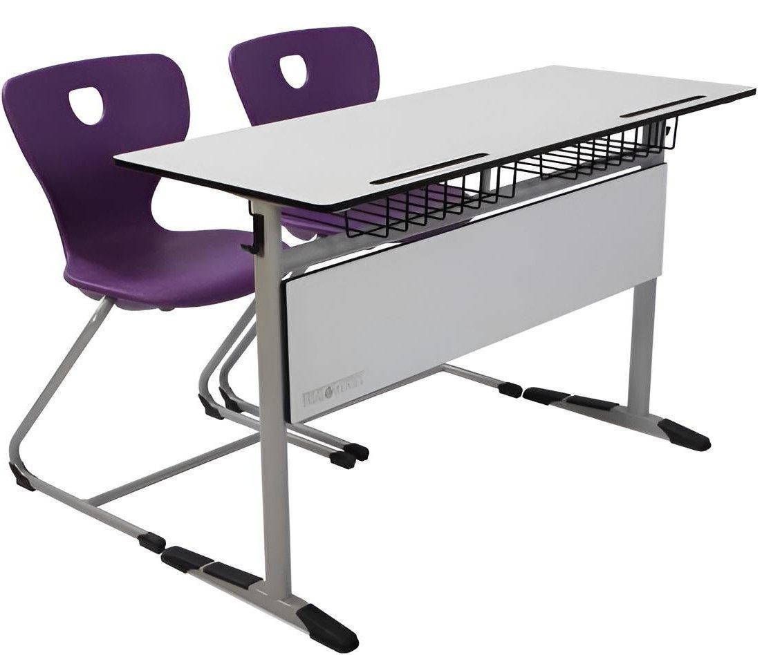 Xlmoebel Schreibtisch Ergonomisches Schulset in Grau mit lila Doppelsitzstuhl (Schulset, 3-St., Ergonomisches Schulset grau/lila), Made in Europa