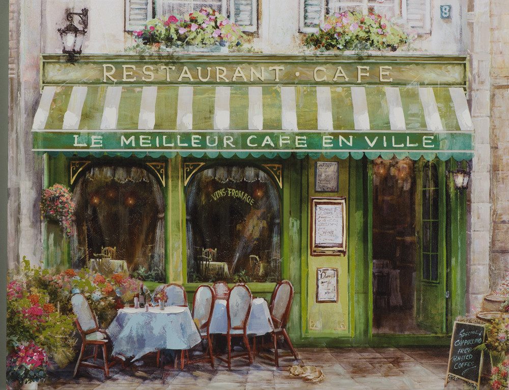 ArtUniverse Gemälde Leinwandbild Französisches Café in grün 70 x 90 cm, Städtemotiv