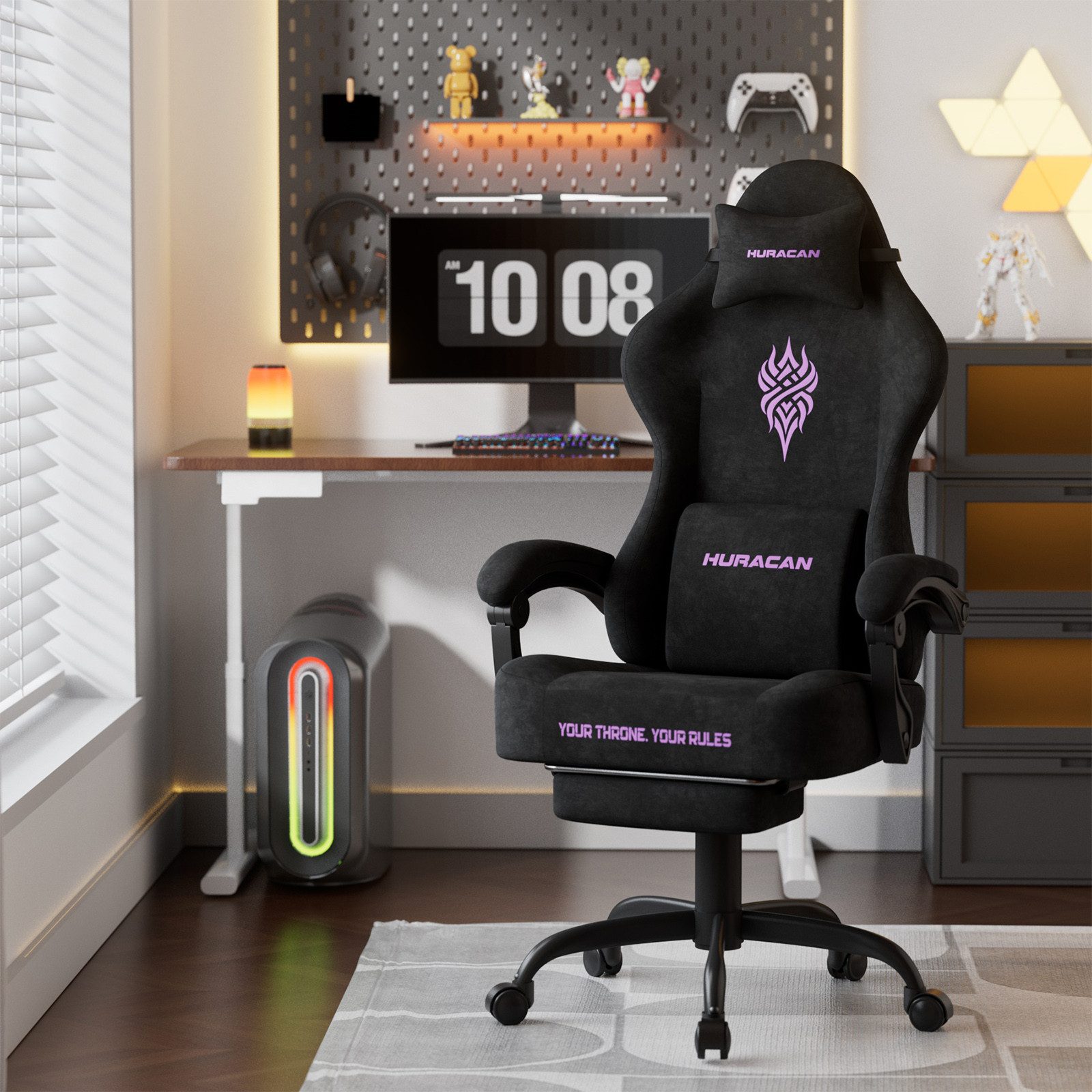 Huracan Gaming-Stuhl Massage Gaming Sessel mit Fußstütze 90-135° Rückenlehne einstellbar, Bürostuhl Ergonomisch,Verstellbarem Lenden- & Kopfkissen,mit Fußstütze