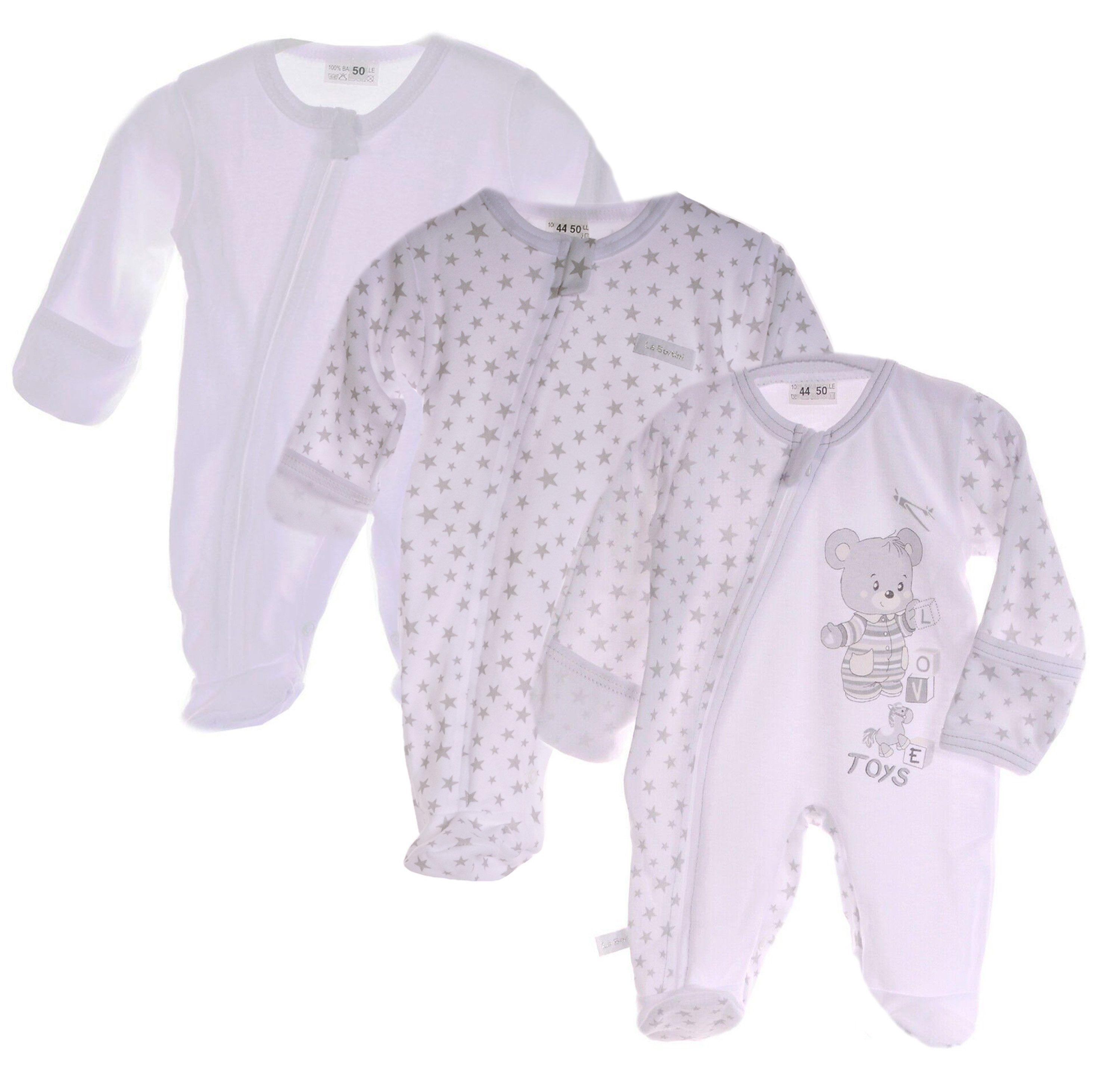 La Bortini Hausanzug Baby Strampler 3er Pack mit Kratzschutz Overall für Neugeborene aus reiner Baumwolle, neutral, 44 50 56 62 68 74 80 weiß