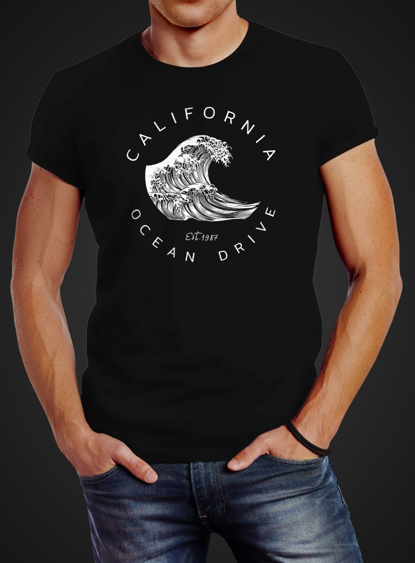 Neverless Print-Shirt Herren T-Shirt Welle Wave California Ocean Drive Surf Summer Slim Fit mit Print