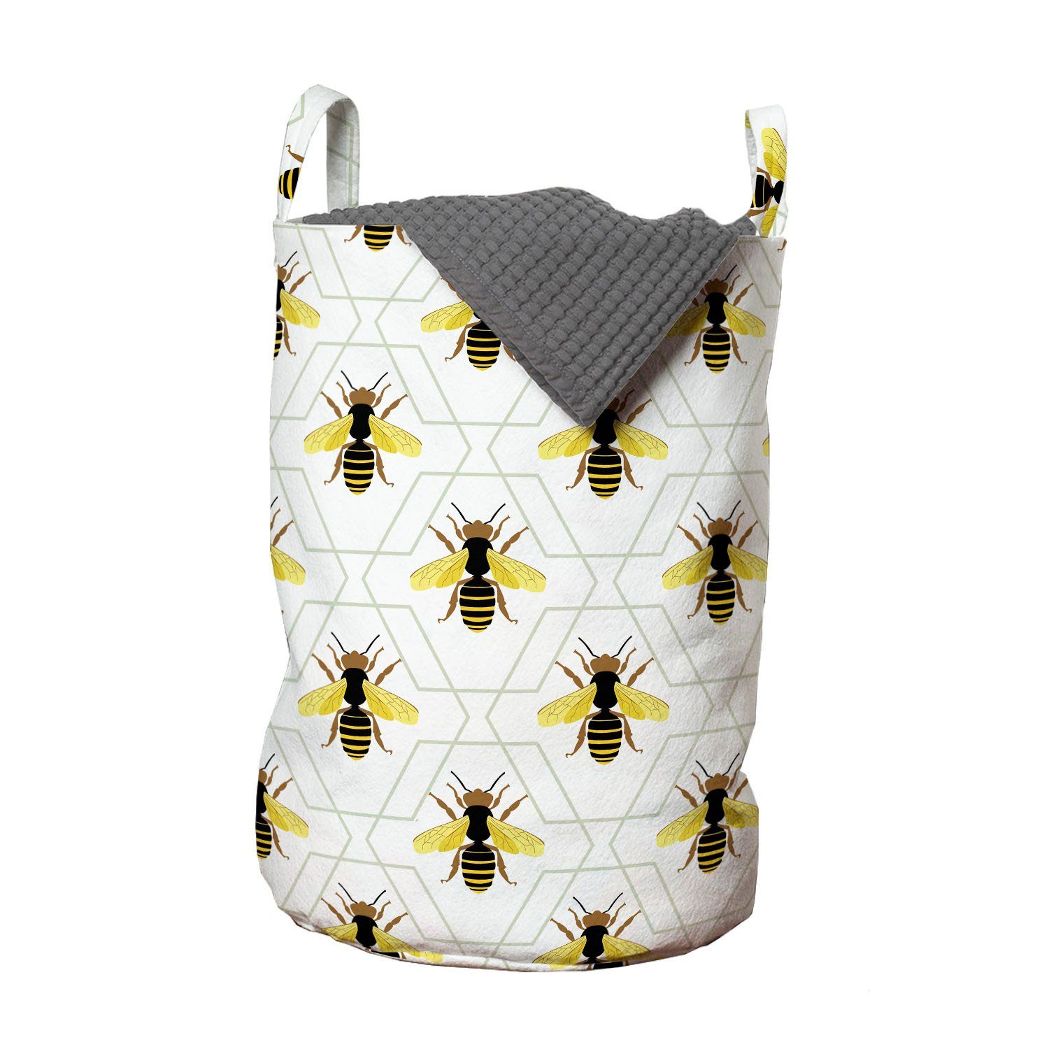 Waschsalons, Silhouetten Griffen für Wäschekorb auf Abakuhaus Wäschesäckchen Bienenkönigin Kordelzugverschluss Hexagons mit