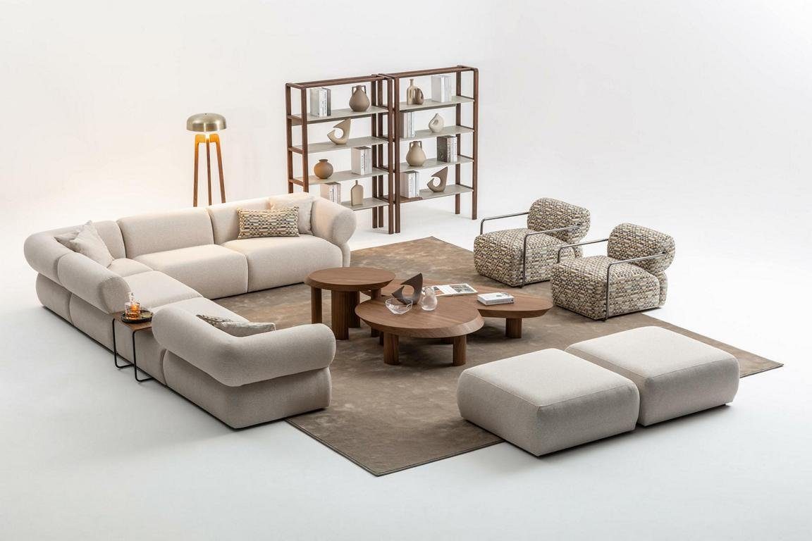 JVmoebel Wohnzimmer-Set Sessel 2x Made in Wohnzimmer Stil Hocker), 2x L-Form Eckgarnitur Möbel + (Ecksofa 5tlg., + Italienische Europe Ecksofa