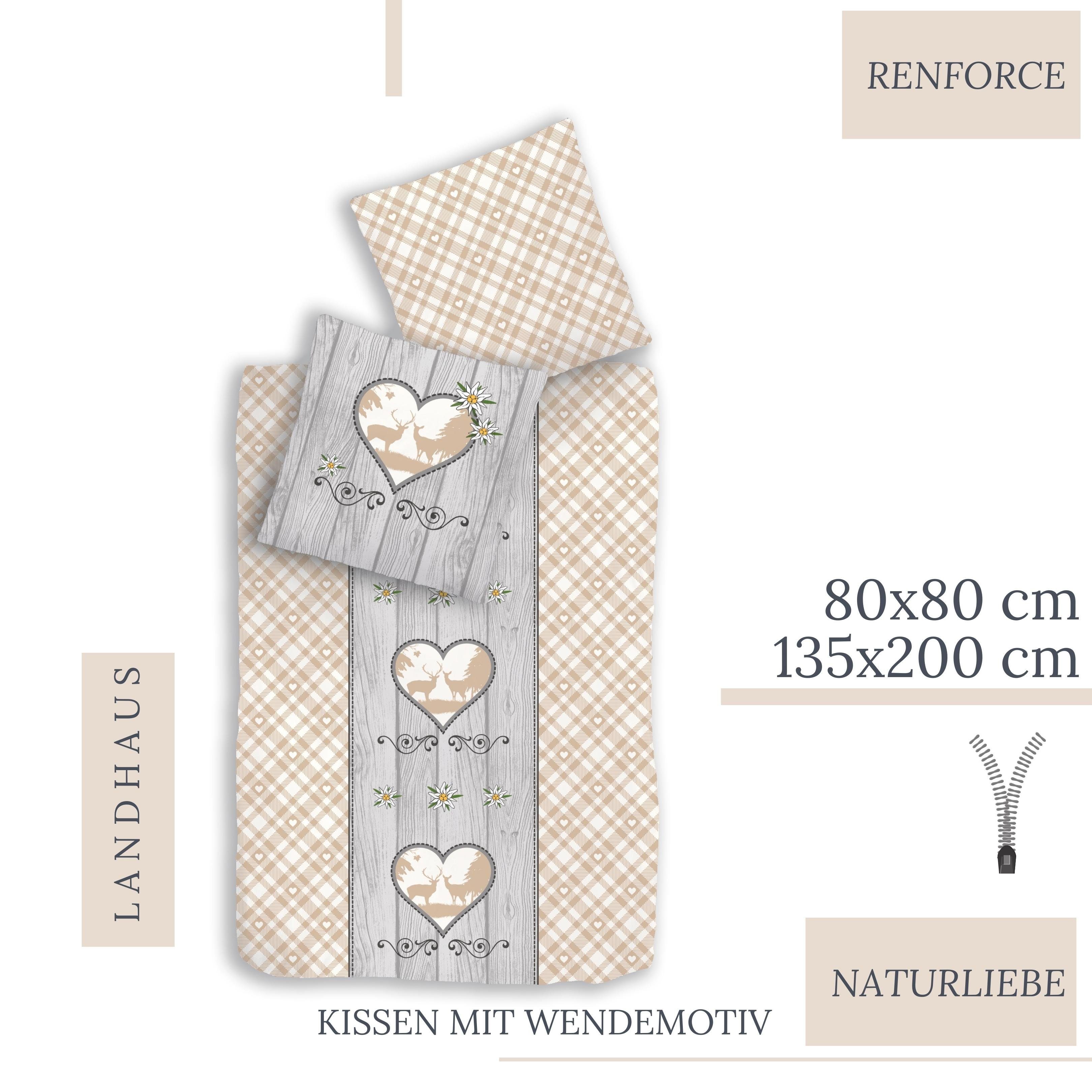 MTOnlinehandel Bettwäsche Landhaus Vintage, 100% Baumwolle, Renforcé, 4 teilig, Oktoberfest Partnerbettwäsche in Karo-Design und Holzoptik – Bild 4 von 5