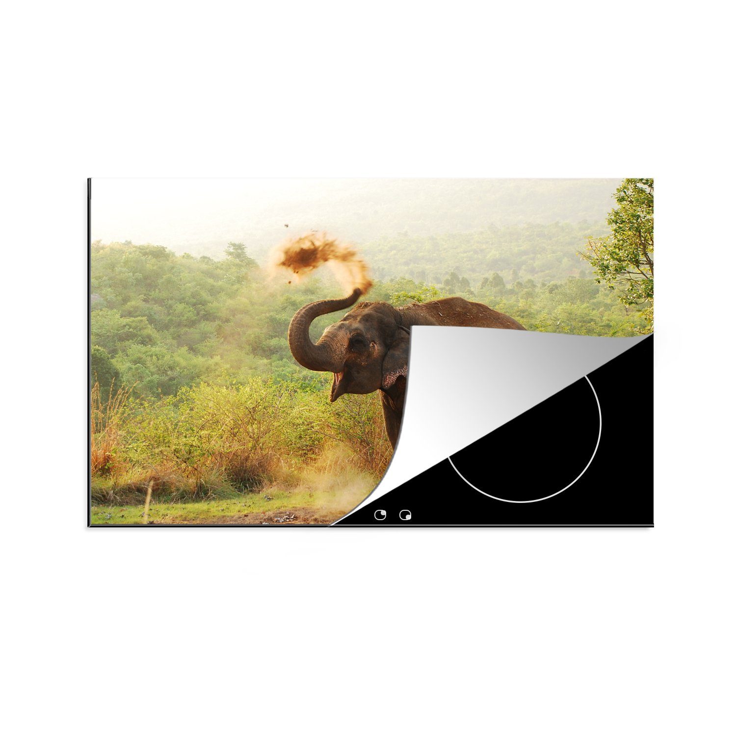 MuchoWow Herdblende-/Abdeckplatte Elefant - Tiere - Wald - Bäume, Vinyl, (1 tlg), 81x52 cm, Induktionskochfeld Schutz für die küche, Ceranfeldabdeckung