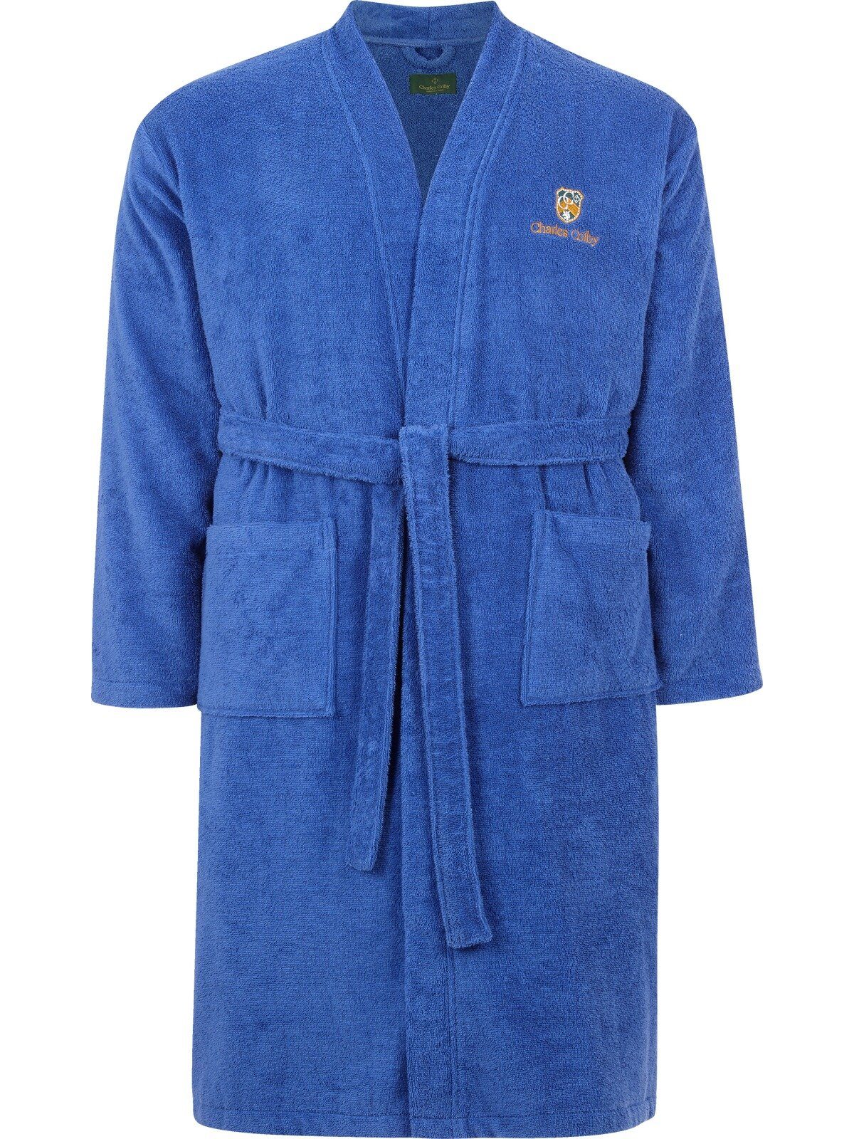 Charles angenehm Baumwolle, blau Langform, weichem Frottier aus Gürtel, Colby LORD CURET, Bademantel Kimono-Kragen,