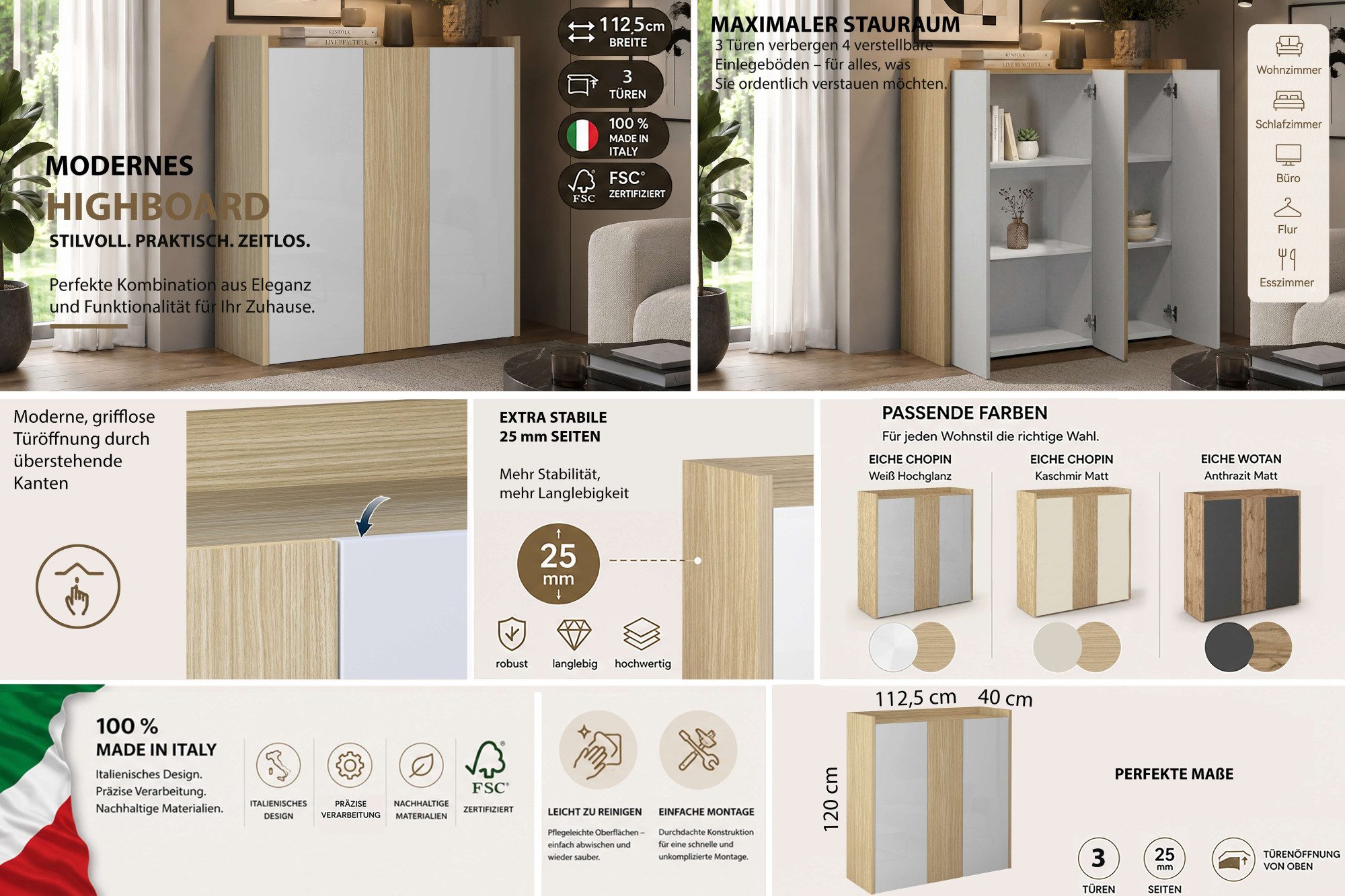 OTTO home Highboard Highboard ALTEA, Kommode, Schrank, Kredenz (1 St), Mit 3 Drehtüren, 6 Innenfächern, B.112,5 cm