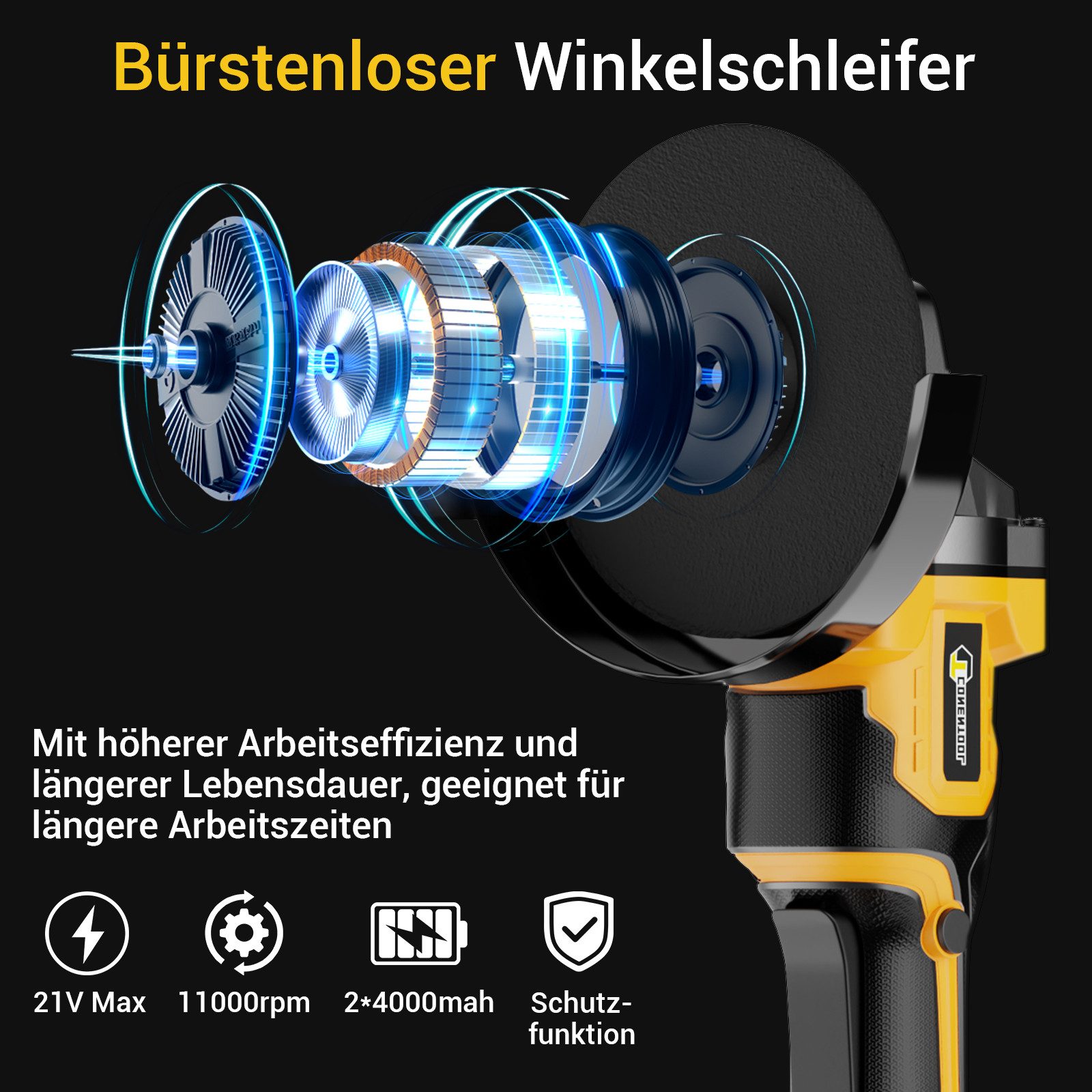 CONENTOOL Akku-Winkelschleifer 21V Winkelschleifer bürstenloser Motor, max. 11000 U/min, (Scheiben-Ø 125mm), inkl. 2×4,0Ah Akku und Ladegerät