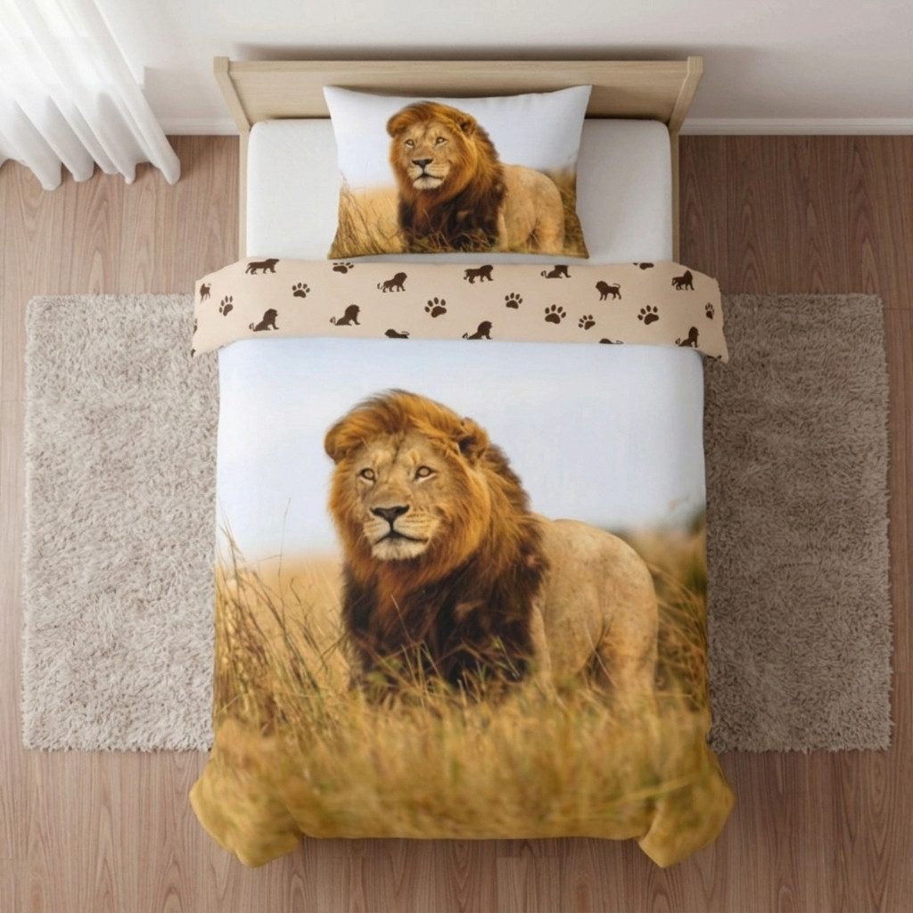 BrandMac Kinderbettwäsche Bettwäsche Set Löwe Savanne Safari 2-teilig 135x200cm 100% Baumwolle, 2 teilig, Langlebig – Bild 3 von 5