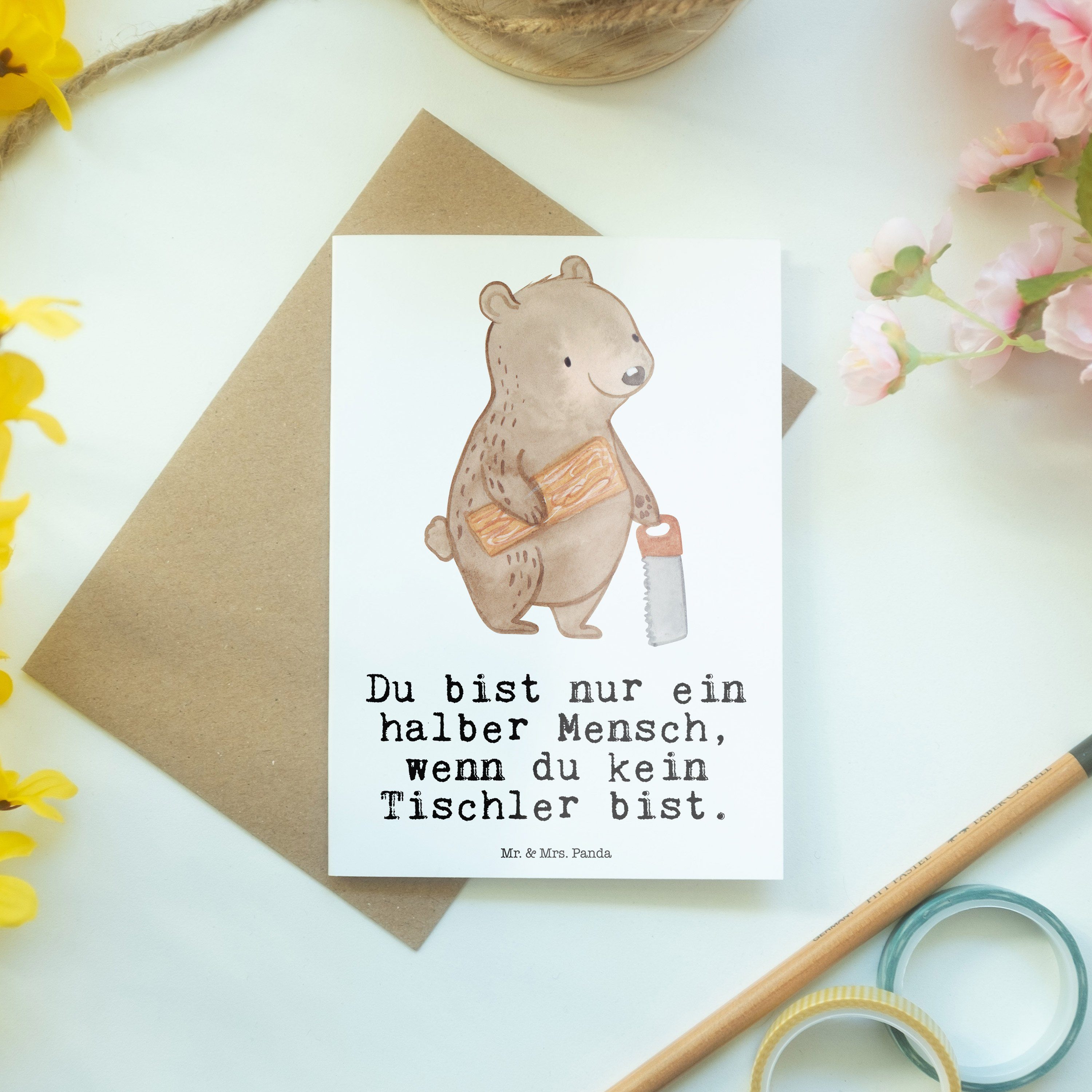 Weiß - Grußkarte Mrs. & Klappkarte, Mr. mit Geburtstag Abschied, Panda Geschenk, Tischler Herz -