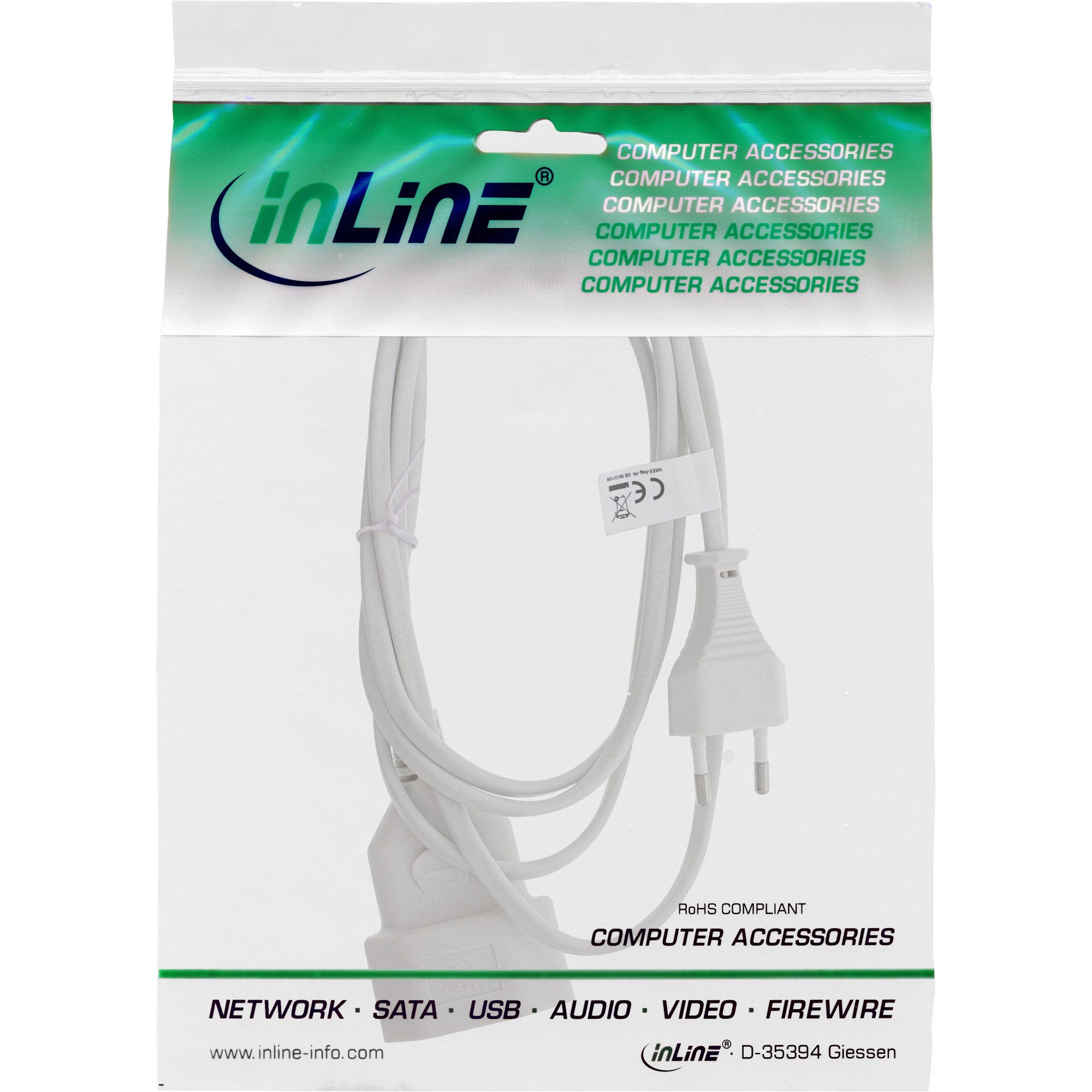 Inline InLine® Euro-Verlängerung, Eurostecker an Eurokupplung, weiß, 3m Stromkabel