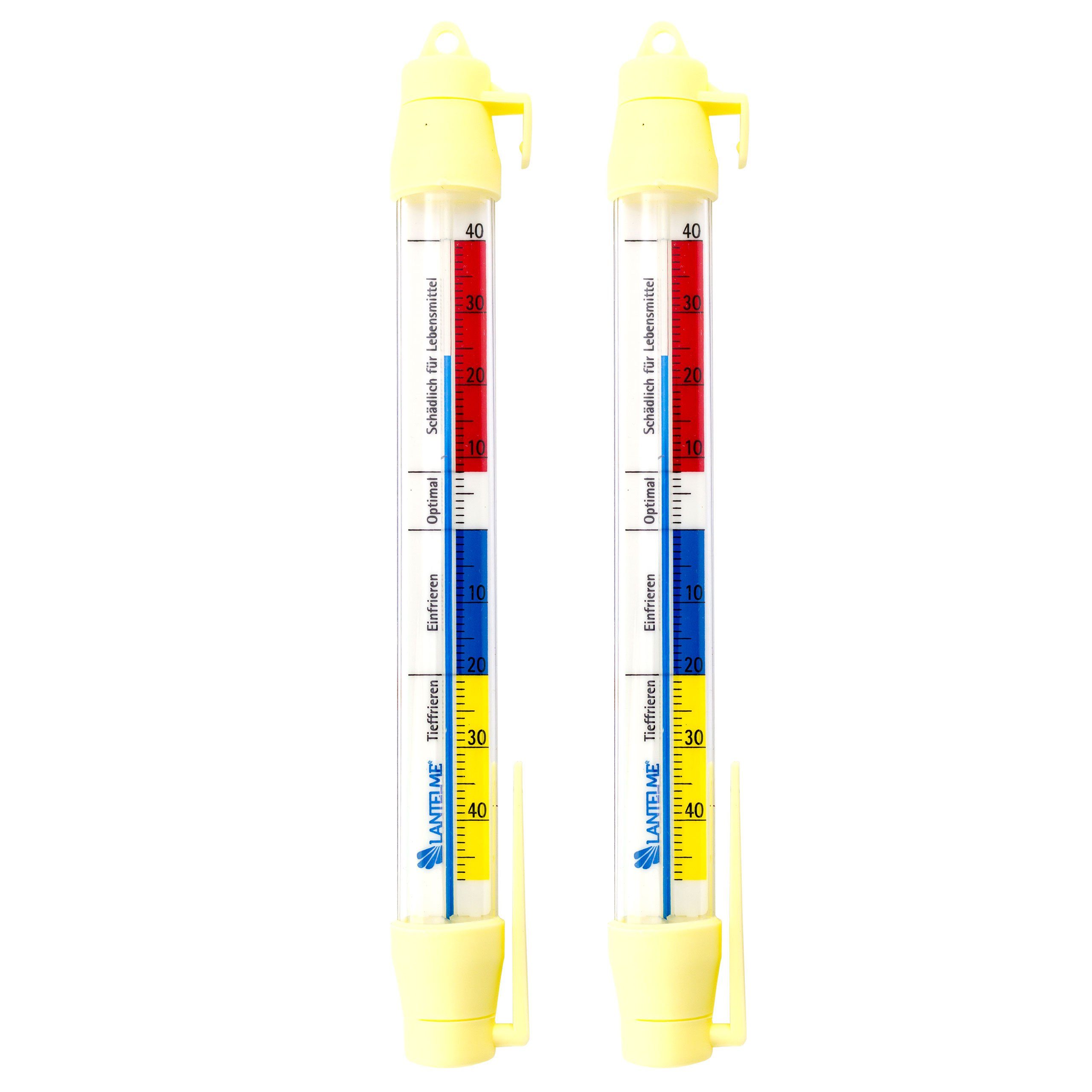 Lantelme Kühlschrankthermometer Set 21cm mit Haken zum aufhängen Gefrierschrank Thermometer, 2 oder 5 Stück Kühlschrankthermometer 2-tlg., 2 oder 5 Stück Set zur Auswahl, Markierte Temperaturen von -45 bis +40 Grad Celsius Analog
