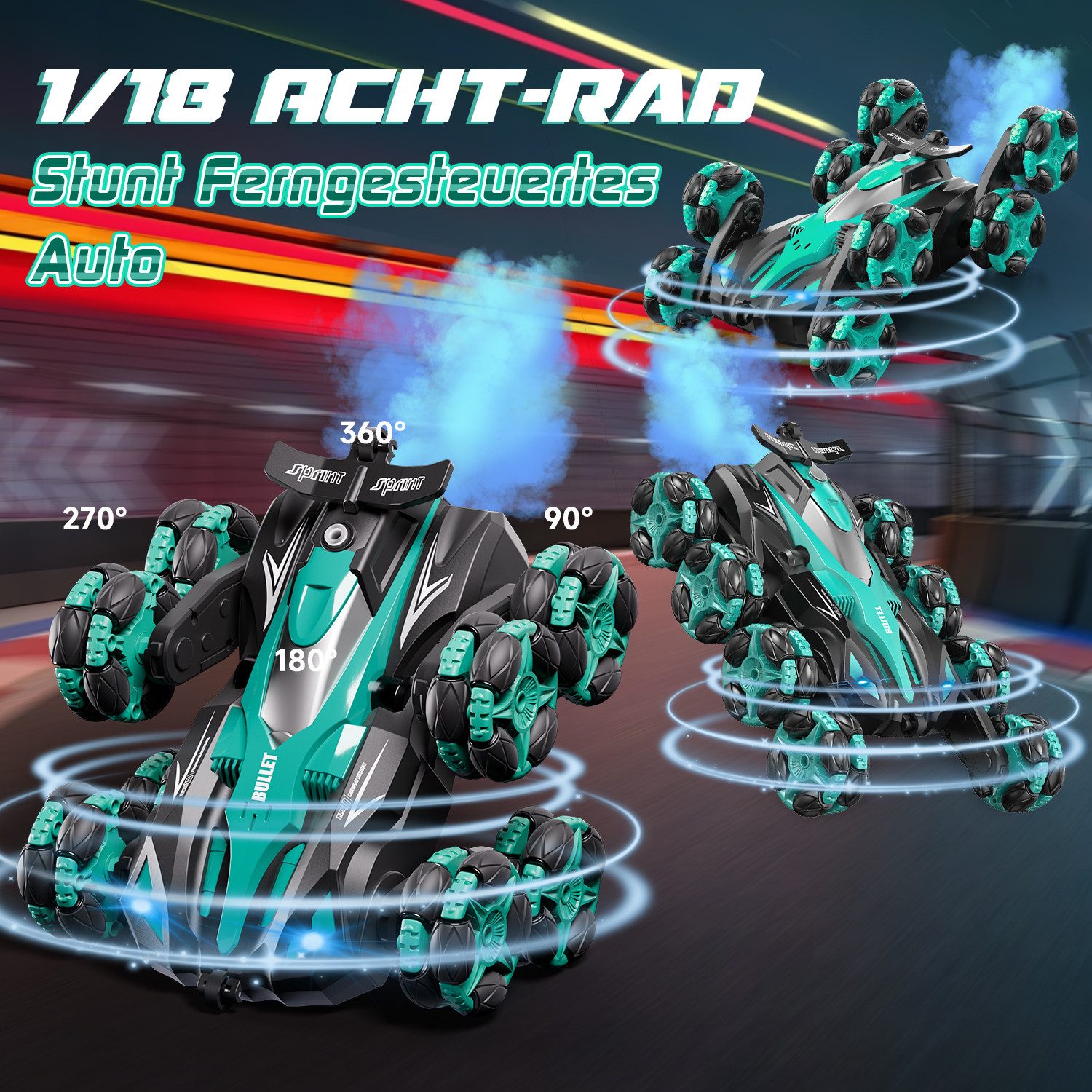 Esun RC-Auto Ferngesteuertes Auto ab 4 6 8 10 Jahre, 1:16 Auto Ferngesteuert (Set, Komplettset), RC Stunt Car, Sprühnebel-LED-Musik, ab 4 6 8 Jahre