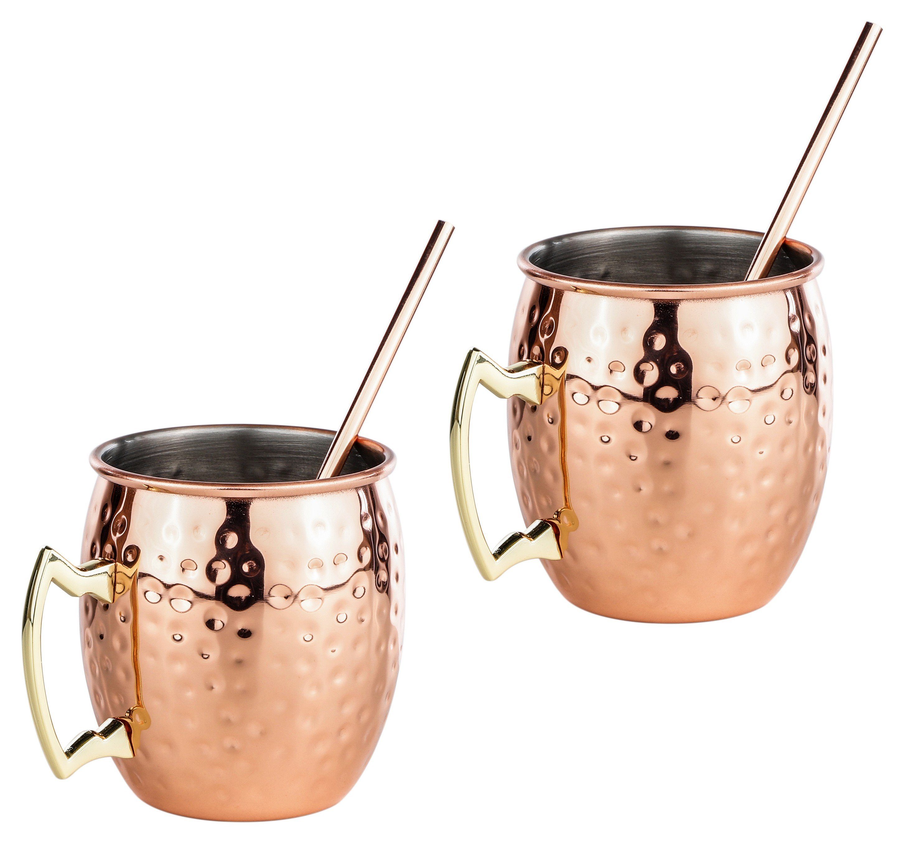 Rungassi Becher Moscow Mule Becher 2'er Set mit Trinkhalmen Cocktail Kupferbecher, Material: Edelstahl