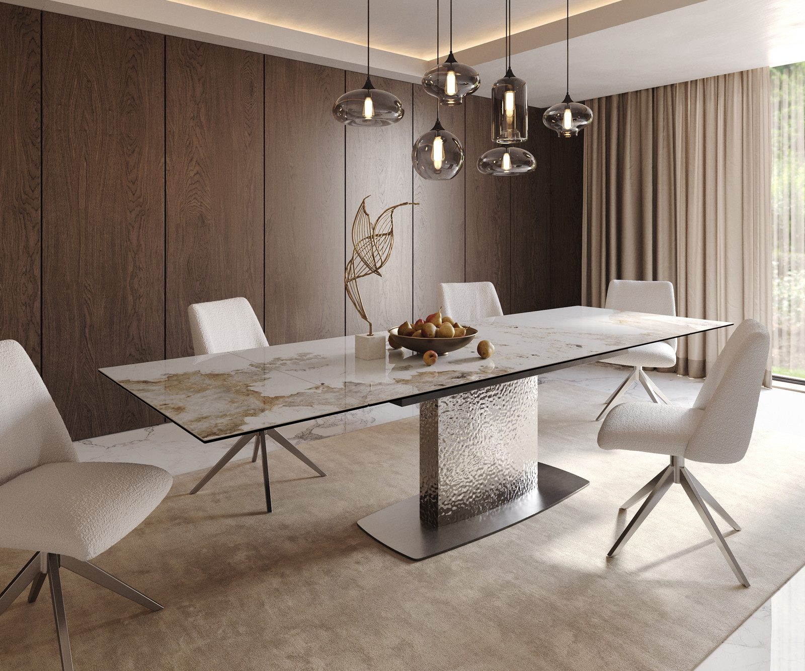 DELIFE Esstisch Edge, Keramik Minas Melange Weiß-Beige 200-300x100 Wave Edelstahl ausziehbar