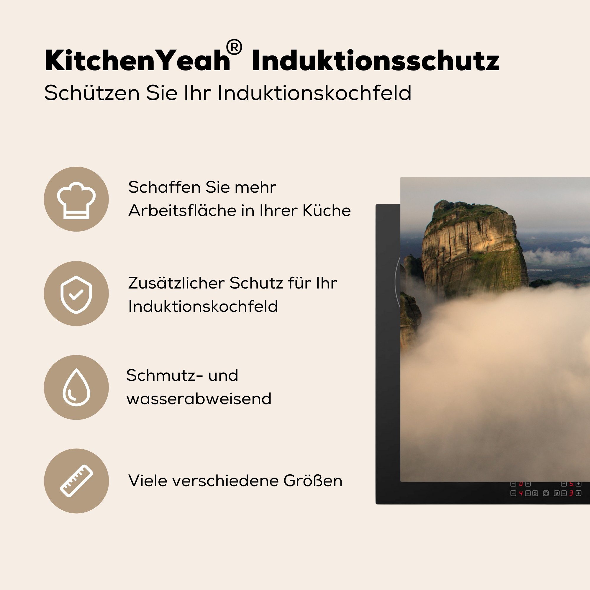 MuchoWow Herdblende-/Abdeckplatte Die Meteora-Klöster in cm, die Induktionskochfeld Schutz für tlg), 81x52 küche, einem Ceranfeldabdeckung Vinyl, (1 Wolkenvorhang