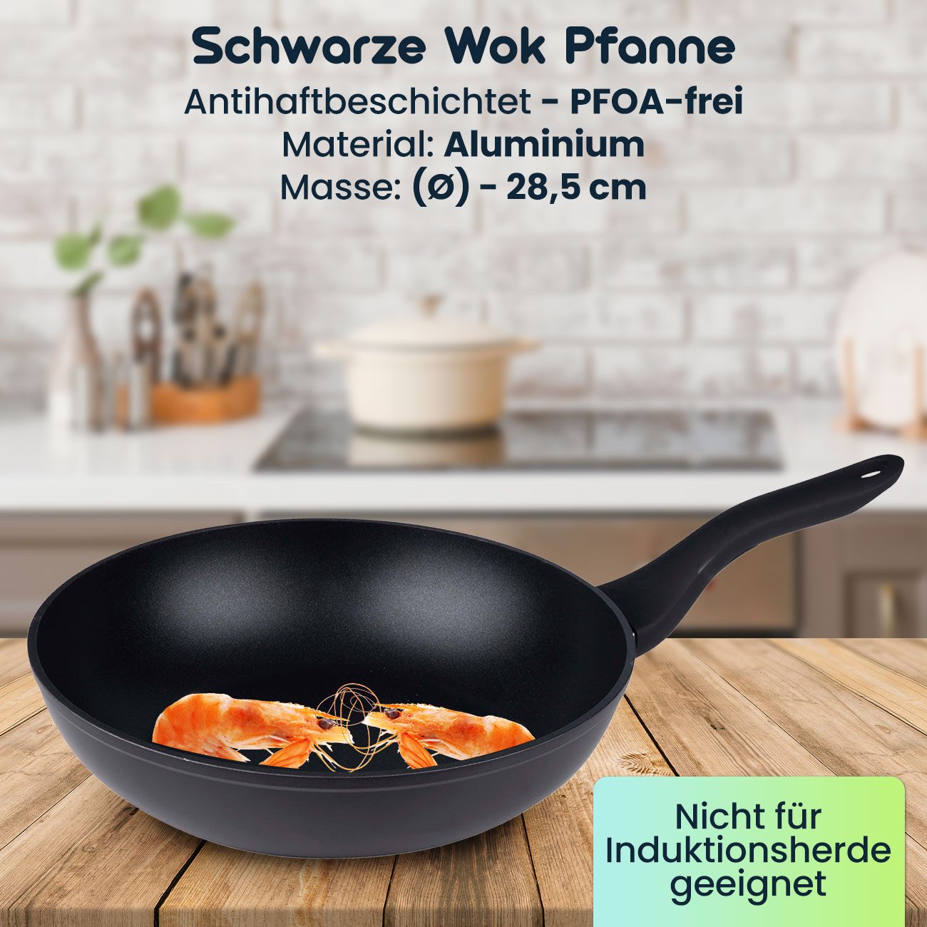 *Alpina* Wok Alu-Wokpfanne Ø 28,5cm in Schwarz, Antihaft-Pfanne für Gemüse & Reis, Antihaftbeschichtet