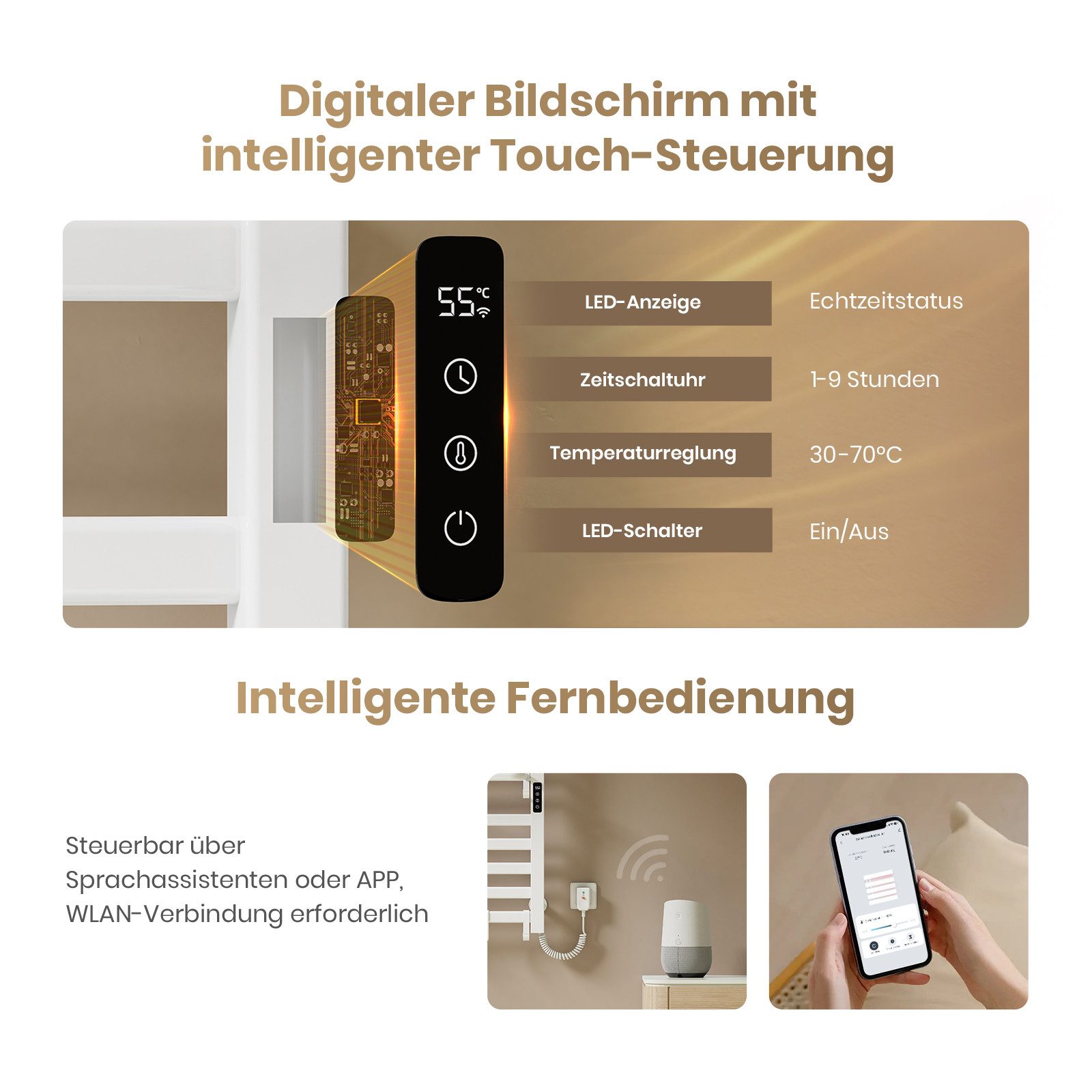 EMKE Elektrischer Badheizkörper Handtuchwärmer handtuchheizkörper mit Intelligent Thermostat, mit faltbarer Ablage Haken Gerade Handtuchhalter elektisch