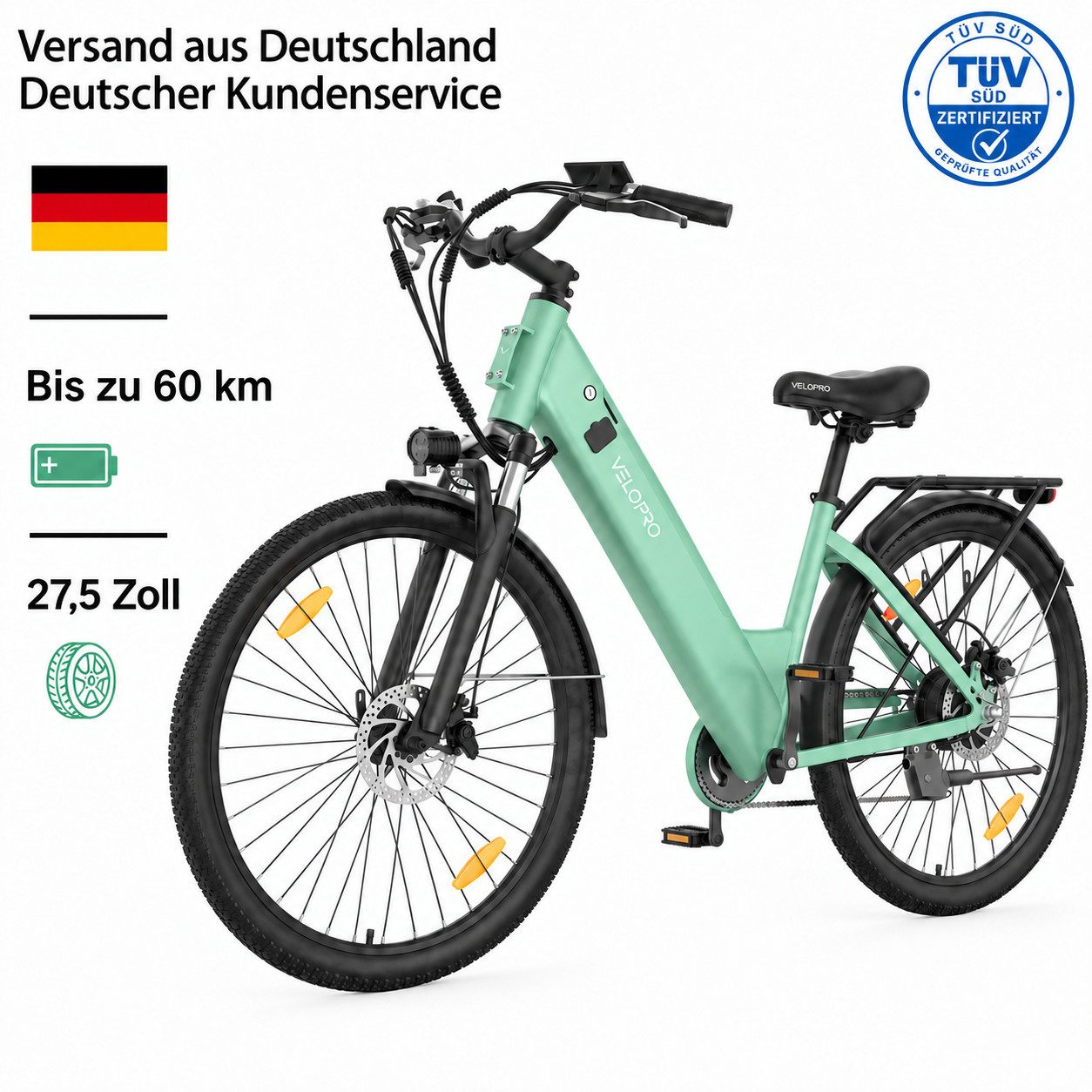 PIXAR E-Bike Cityrad Velopro C1 27,5 Zoll City Elektrofahrrad, 36 V 13 Ah Akku, 7-Gang, 7 Gang, Heckmotor, 468 Wh, Multifunktions-LCD; 250W Heckmotor; Gepäckträger