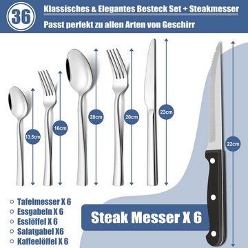 Tisoutec Besteck-Set Besteck Set für 6 Personen,36teiliges Edelstahl Essbesteck&Steakmesser, 6 Personen, Elegantes/Modernes Besteckset,Besteck Set für Restaurant,Hotel,Zuhause