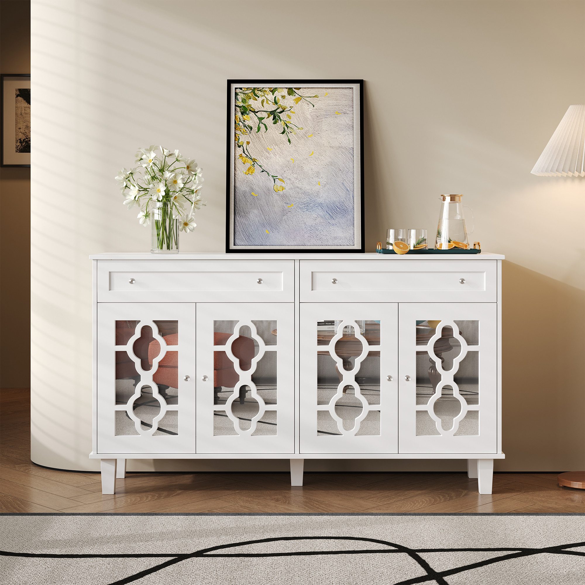 Merax Sideboard mit 4 Spiegeltüren und Schubladen (mit Kristallgriffe für Wohnzimmer, Esszimmer, Flur, H83/B140/ T40 cm), Kommode mit verstellbaren Einlegeböden – Bild 4 von 5