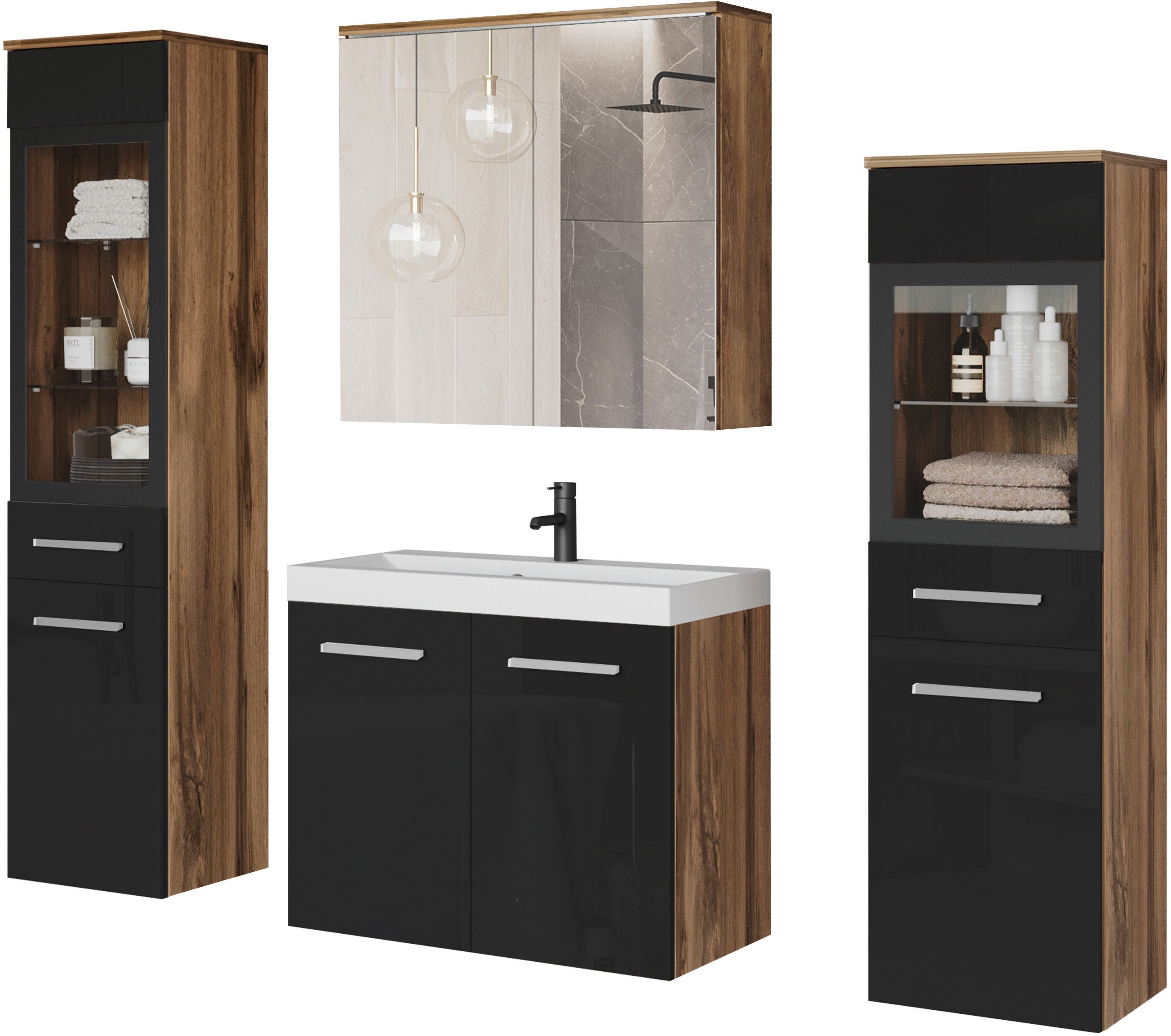 welltime Badmöbel-Set MADRIT II, Schrank mit Waschbecken, 2 Hänger, Spiegel günstig online kaufen