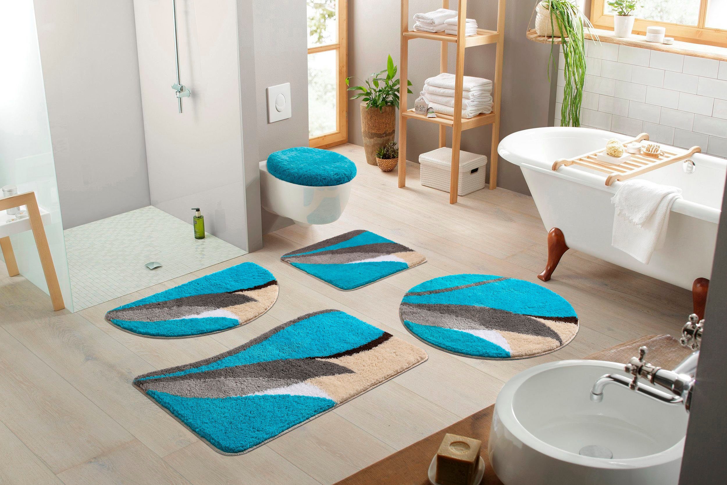 OTTO home Badematte Magnus, Badvorleger, Badezimmer Teppich, Höhe 20 mm, rutschhemmend beschichtet, schnell trocknend, strapazierfähig, Polyacryl, rechteckig, 2-tlg. Hänge-WC Set, mehrfarbig, Badteppich, Badematten auch als 2 teiliges Set & rund