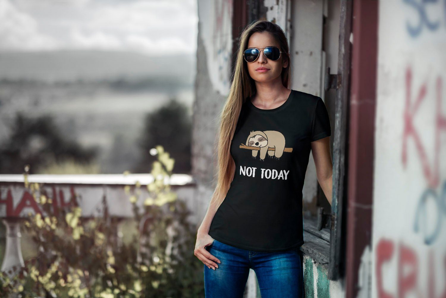 MoonWorks Print-Shirt Lustiges mit Not Damen Moonworks® Faultier Today T-Shirt Fun-Shirt Chillen Print schwarz
