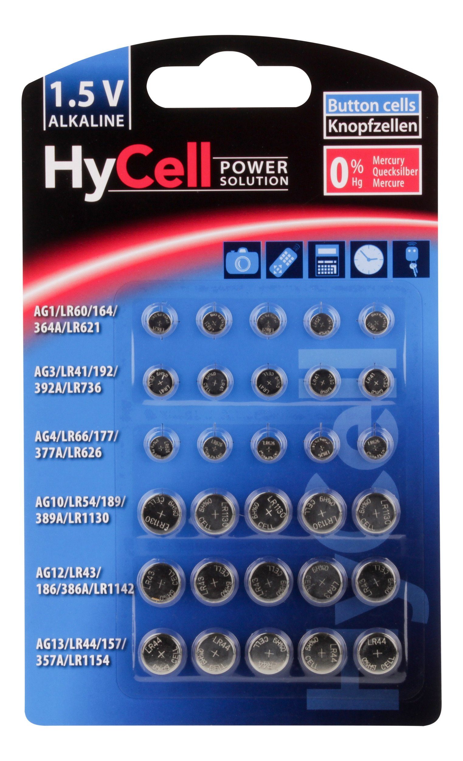 HyCell Alkaline Кнопки клетки Set AG1, AG3, AG4, AG10, AG12, AG13, 30 Stück Knopfzelle