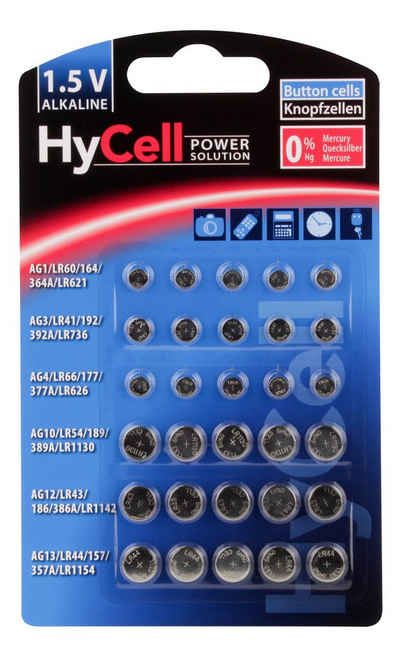 HyCell Alkaline Knopfzellen-Set LR41, LR43, LR44, LR54, LR60, LR66 (30 Stück) Knopfzelle