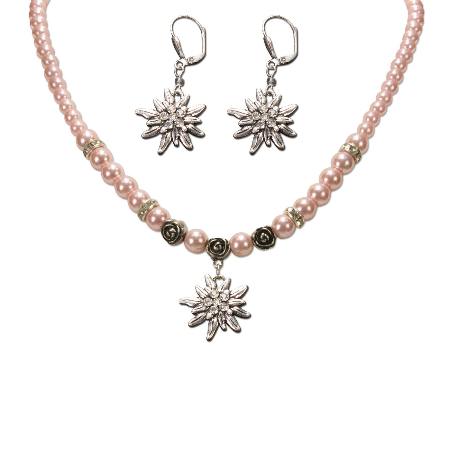 Ketten-Set Trachtenschmuck-Set Perlen-Trachtenkette und Trachten-Ohrhänger Strass-Edelweiß (rosé-rosa)