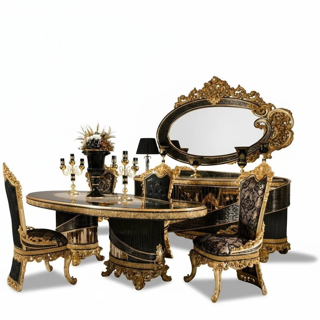 JVmoebel Esszimmer-Set Elegantes Esszimmer-Set in Schwarz, Holz und Glas, (Set, Esszimmer-Sets 9-teilig), Fronten in Hochglanz, Verziertes Design, Handgefertigt