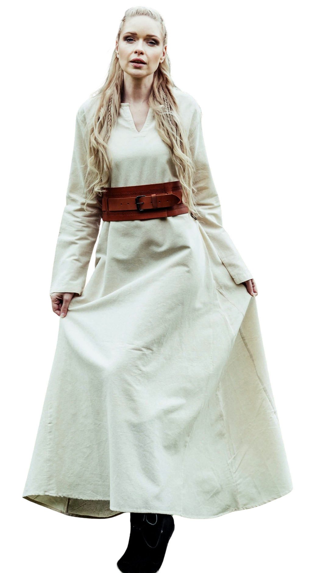 Leonardo Carbone Wikinger-Kostüm Unterkleid "Valdis" aus Baumwolle, langer Schnitt, V-Ausschnitt