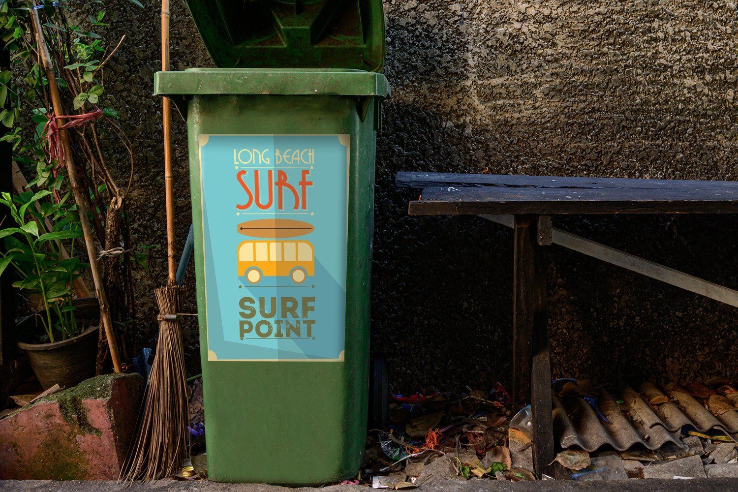 St), Sticker, Point" von auf Illustration "Surf Wandsticker Abfalbehälter blauem Mülleimer-aufkleber, (1 Mülltonne, Container, Hintergrund MuchoWow