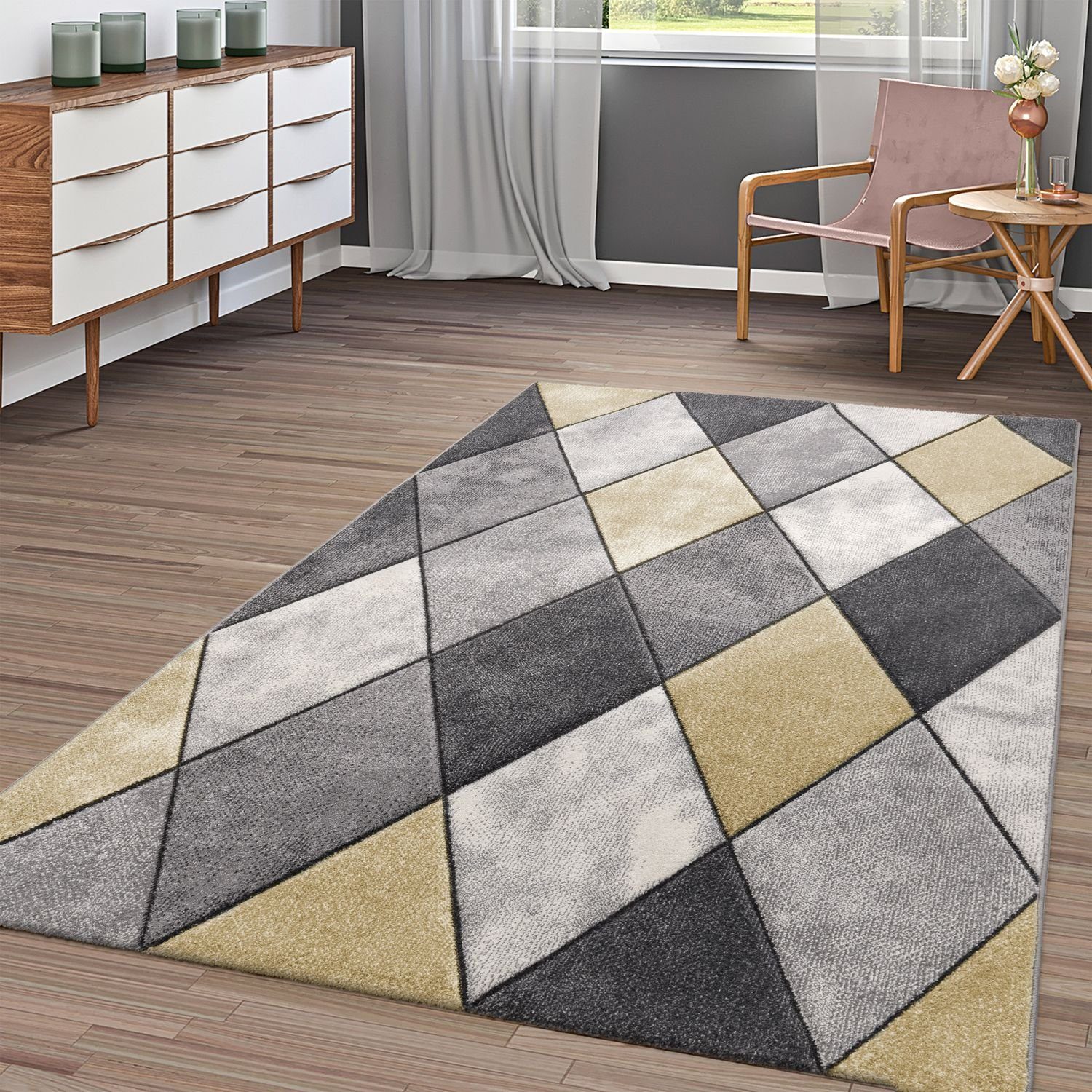 Designteppich Teppich Gelb Grau Rauten Design 3-D, TT Home, rechteckig,  Höhe: 16 mm